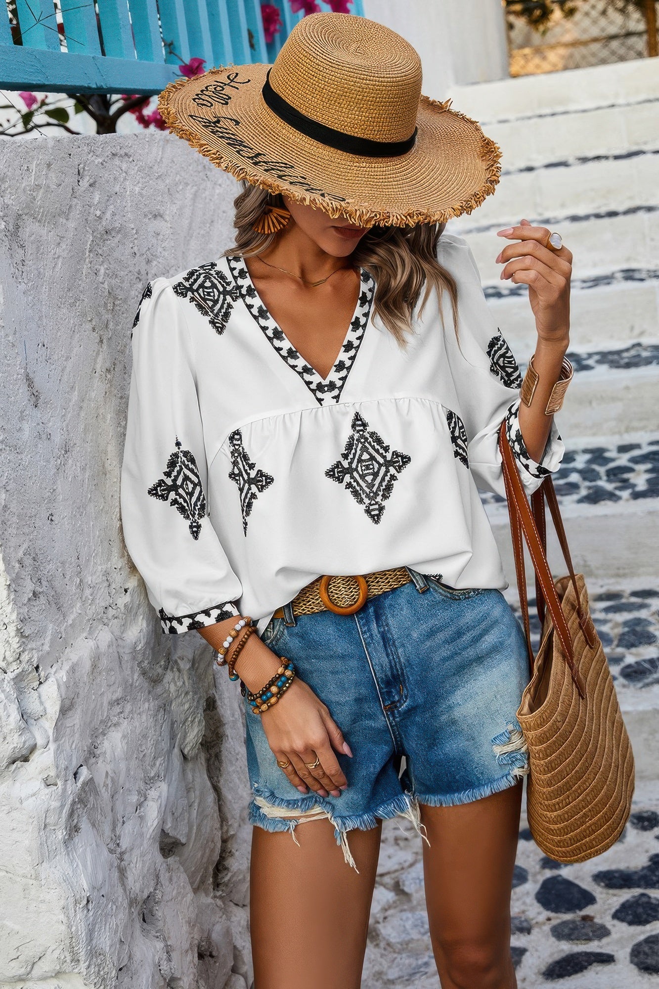 Printed T Shirt V Neck Loose Puff Sleeves Shirts - Tigbul's Variety Fashion Shop