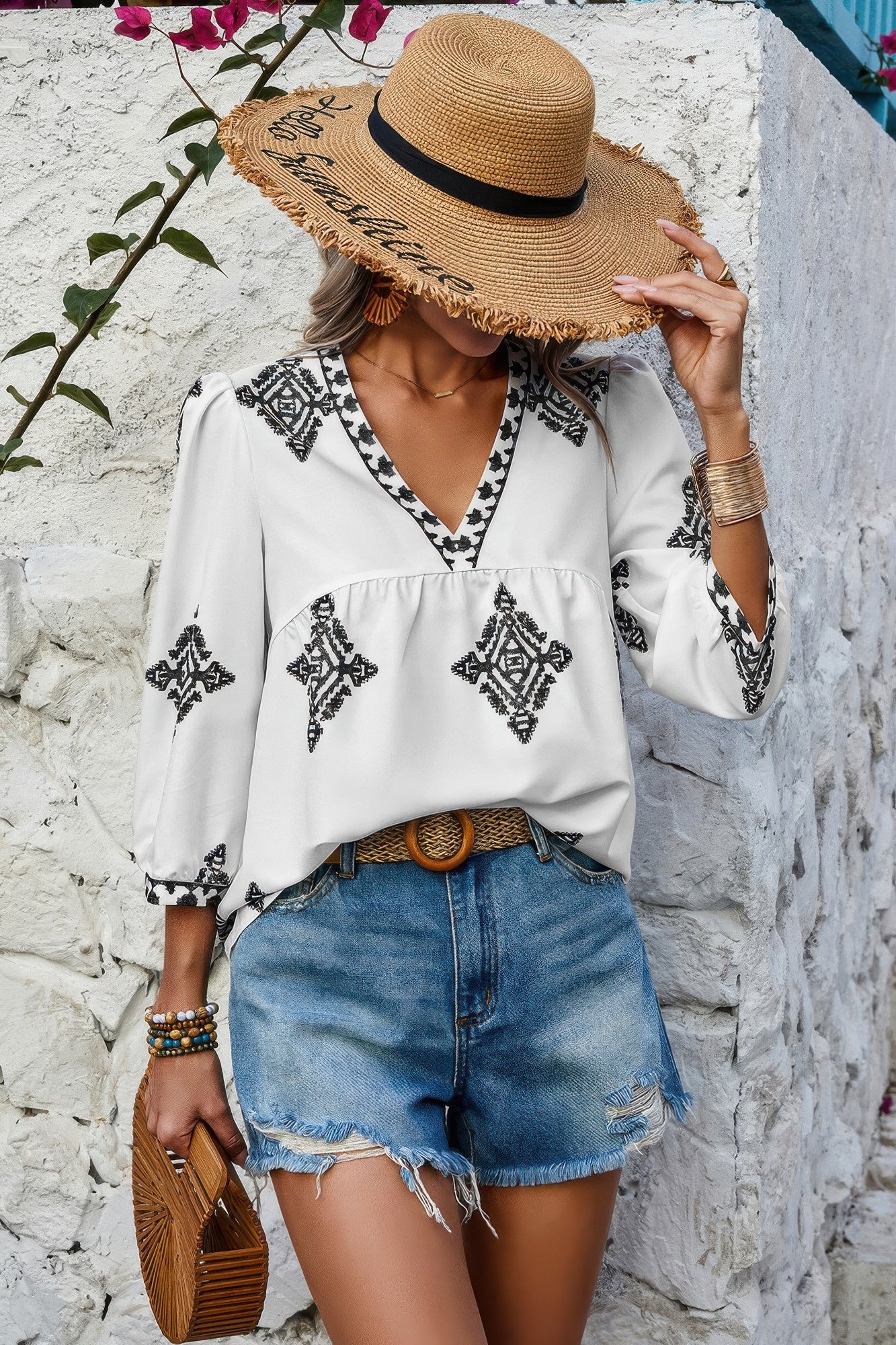 Printed T Shirt V Neck Loose Puff Sleeves Shirts - Tigbul's Variety Fashion Shop