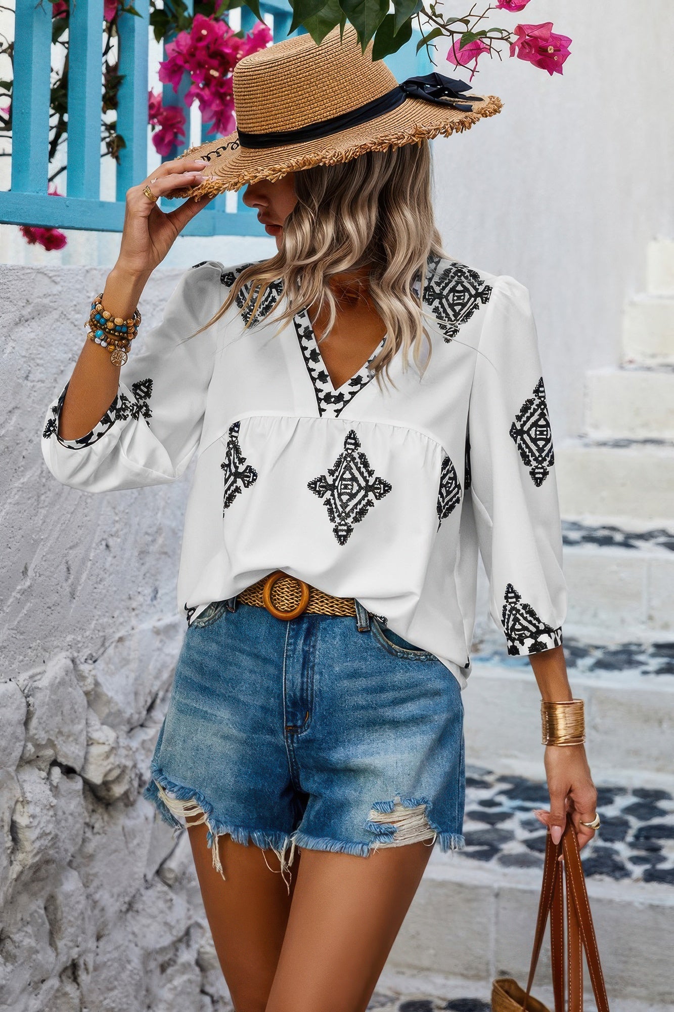 Printed T Shirt V Neck Loose Puff Sleeves Shirts - Tigbul's Variety Fashion Shop