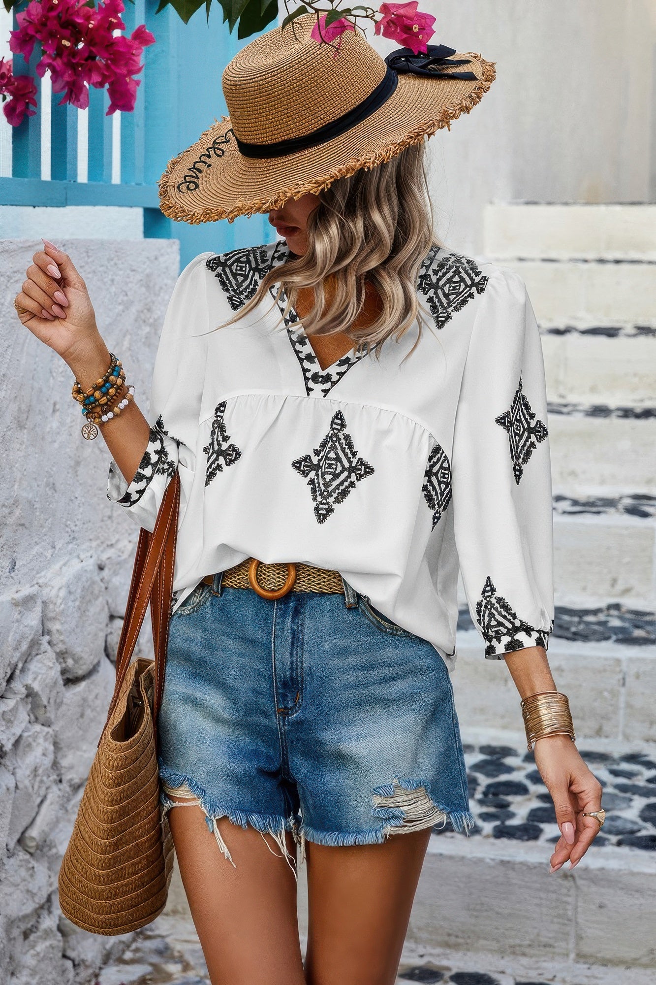 Printed T Shirt V Neck Loose Puff Sleeves Shirts - Tigbul's Variety Fashion Shop