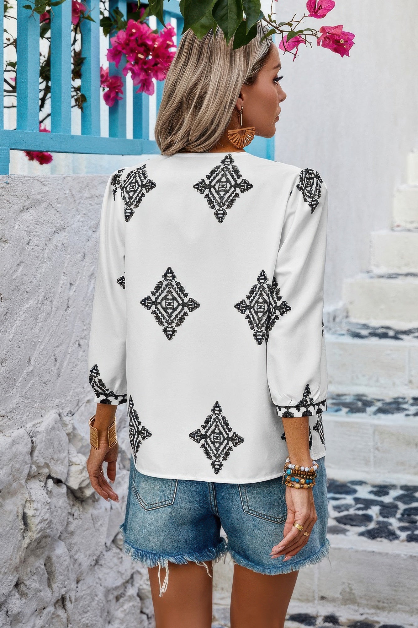 Printed T Shirt V Neck Loose Puff Sleeves Shirts - Tigbul's Variety Fashion Shop
