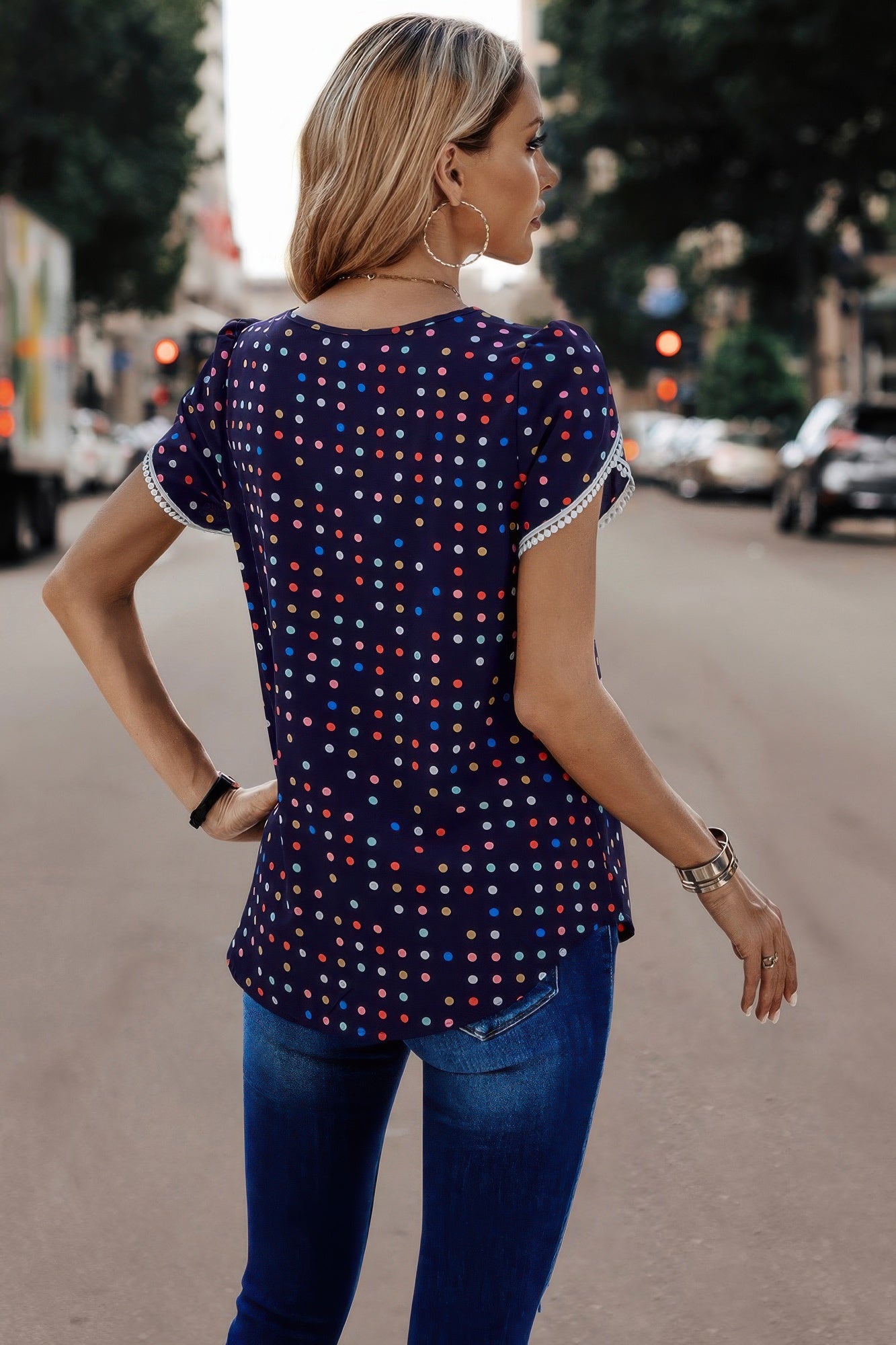 Round Neck Polka Dot Print Petal Sleeve Blouse - Tigbul's Variety Fashion Shop