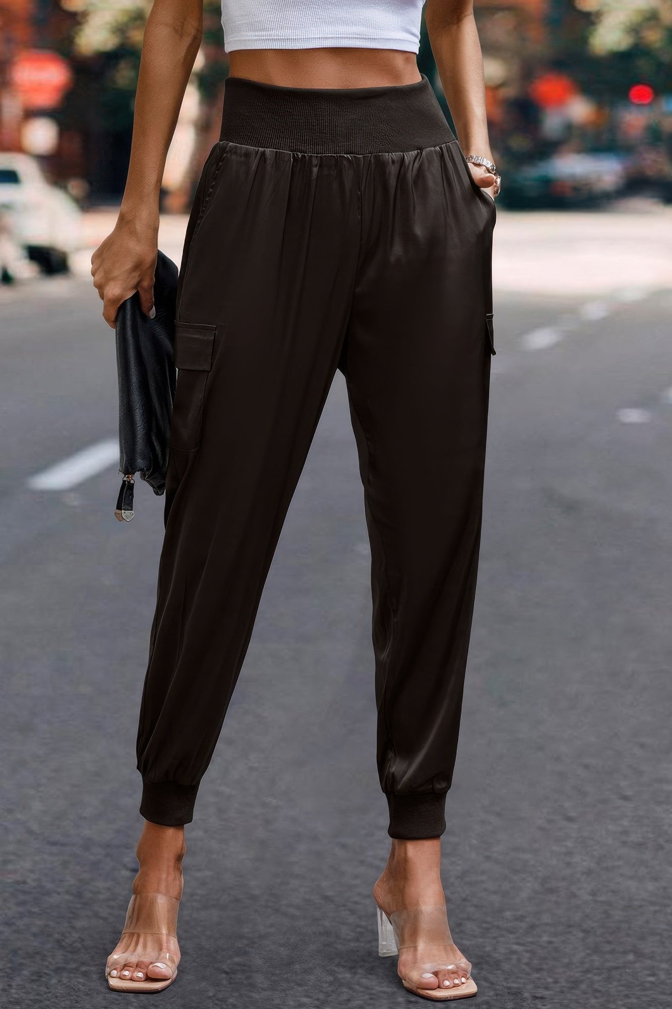 High Waist Trousers Pocket Satin Jogger Pants - Tigbul's Variety Fashion Shop