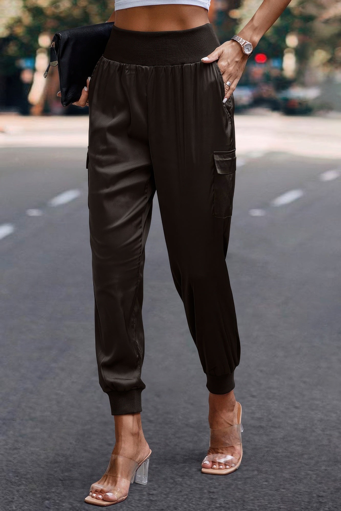High Waist Trousers Pocket Satin Jogger Pants - Tigbul's Variety Fashion Shop