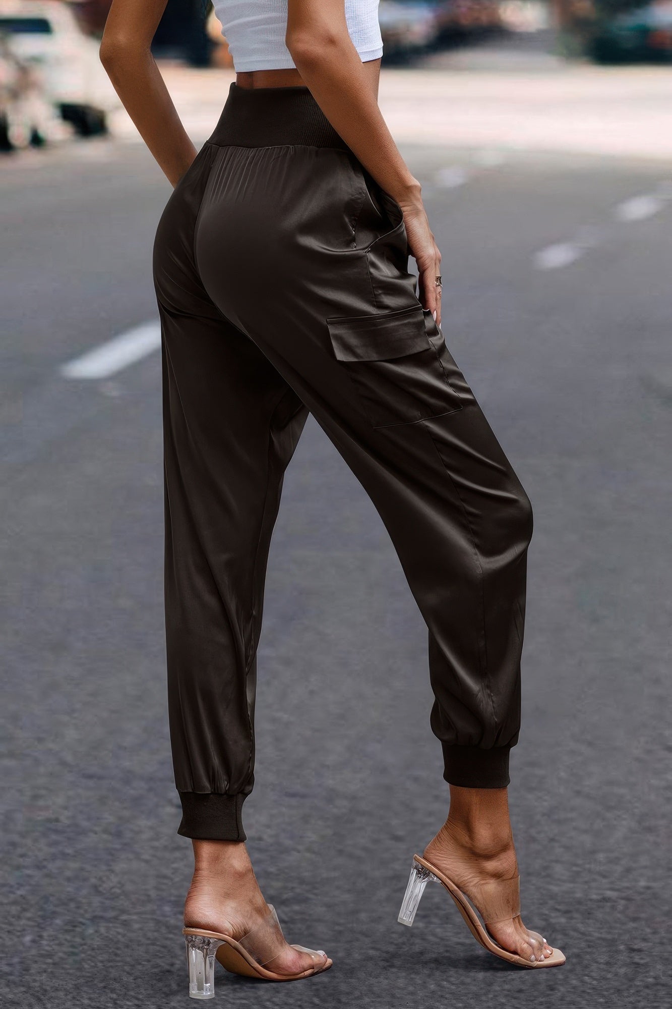 High Waist Trousers Pocket Satin Jogger Pants - Tigbul's Variety Fashion Shop