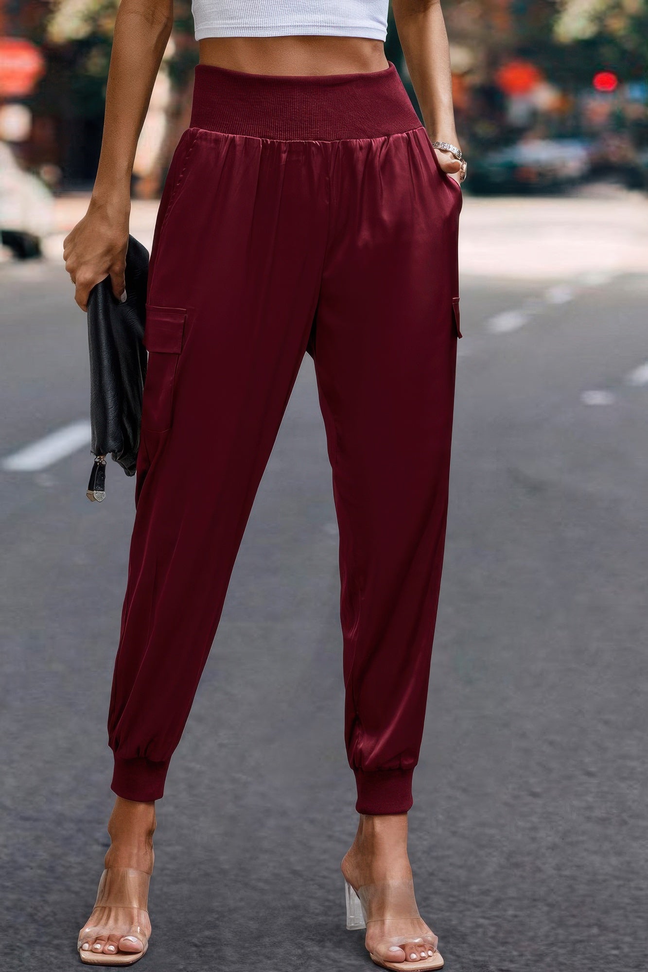 High Waist Trousers Pocket Satin Jogger Pants - Tigbul's Variety Fashion Shop