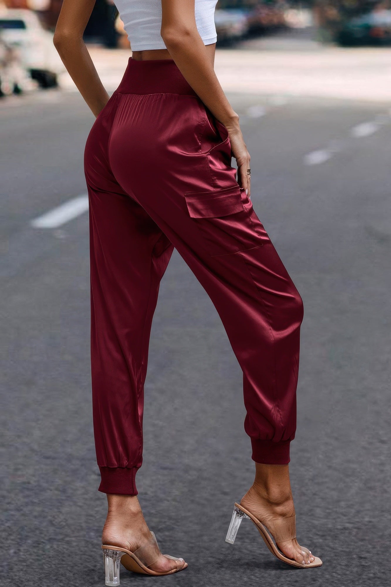 High Waist Trousers Pocket Satin Jogger Pants - Tigbul's Variety Fashion Shop
