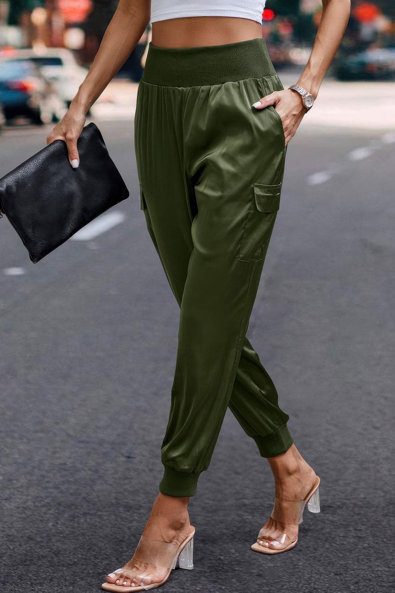 High Waist Trousers Pocket Satin Jogger Pants - Tigbul's Variety Fashion Shop