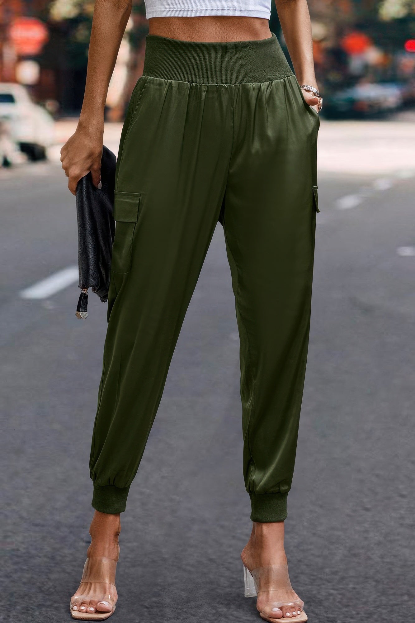 High Waist Trousers Pocket Satin Jogger Pants - Tigbul's Variety Fashion Shop