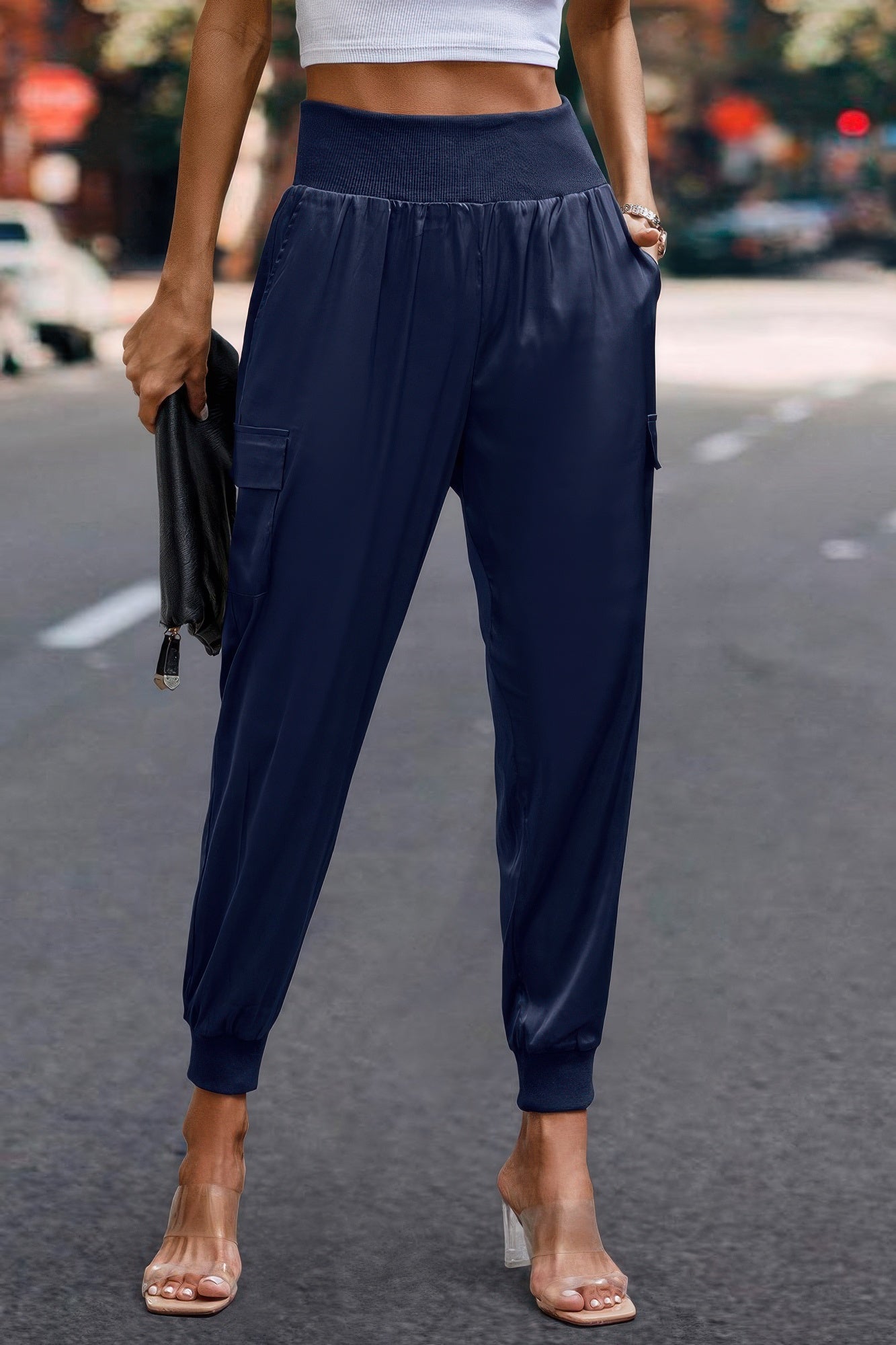 High Waist Trousers Pocket Satin Jogger Pants - Tigbul's Variety Fashion Shop