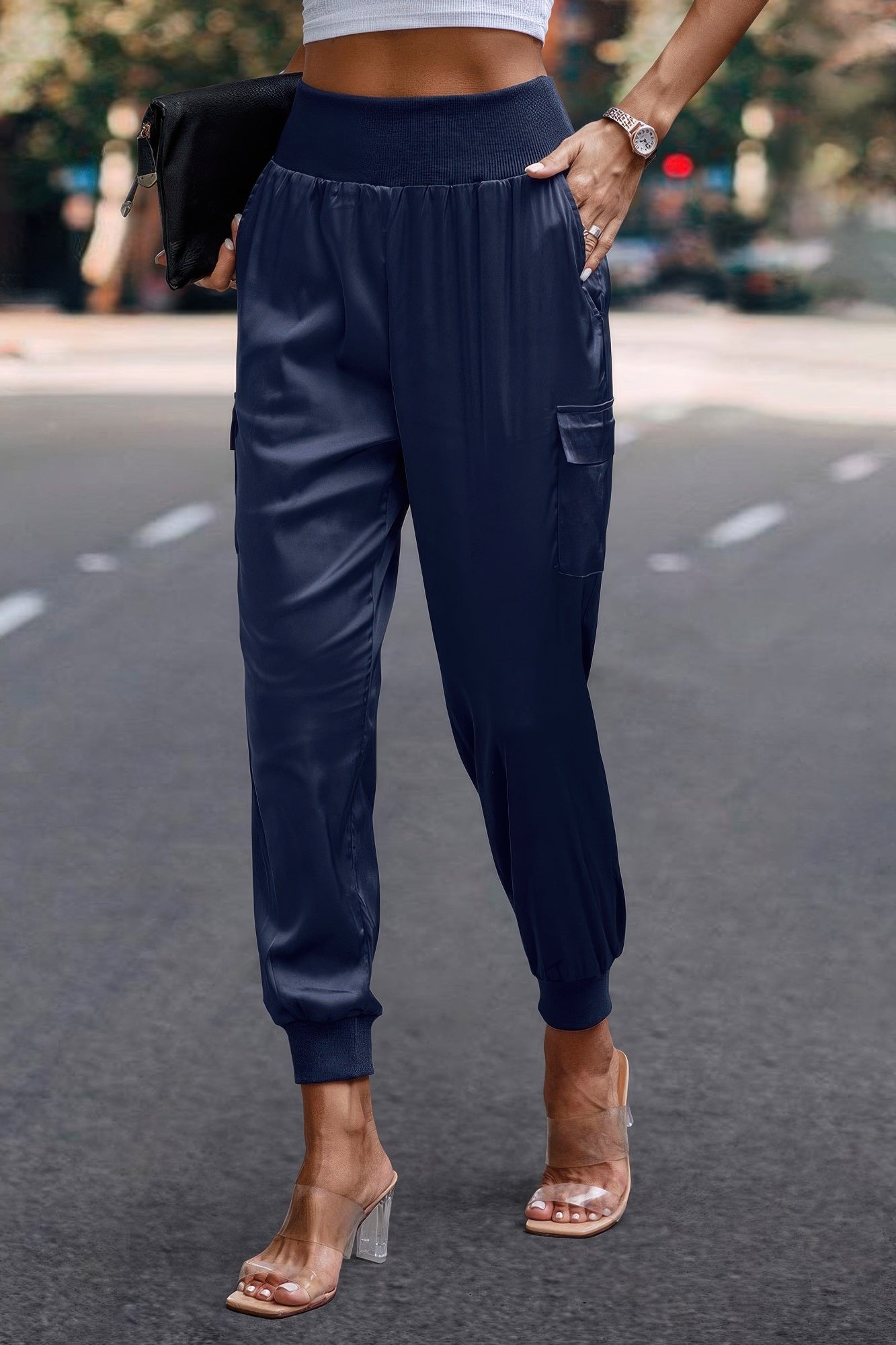 High Waist Trousers Pocket Satin Jogger Pants - Tigbul's Variety Fashion Shop