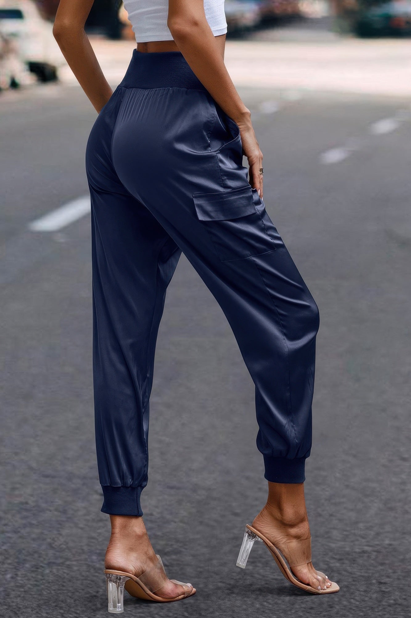 High Waist Trousers Pocket Satin Jogger Pants - Tigbul's Variety Fashion Shop