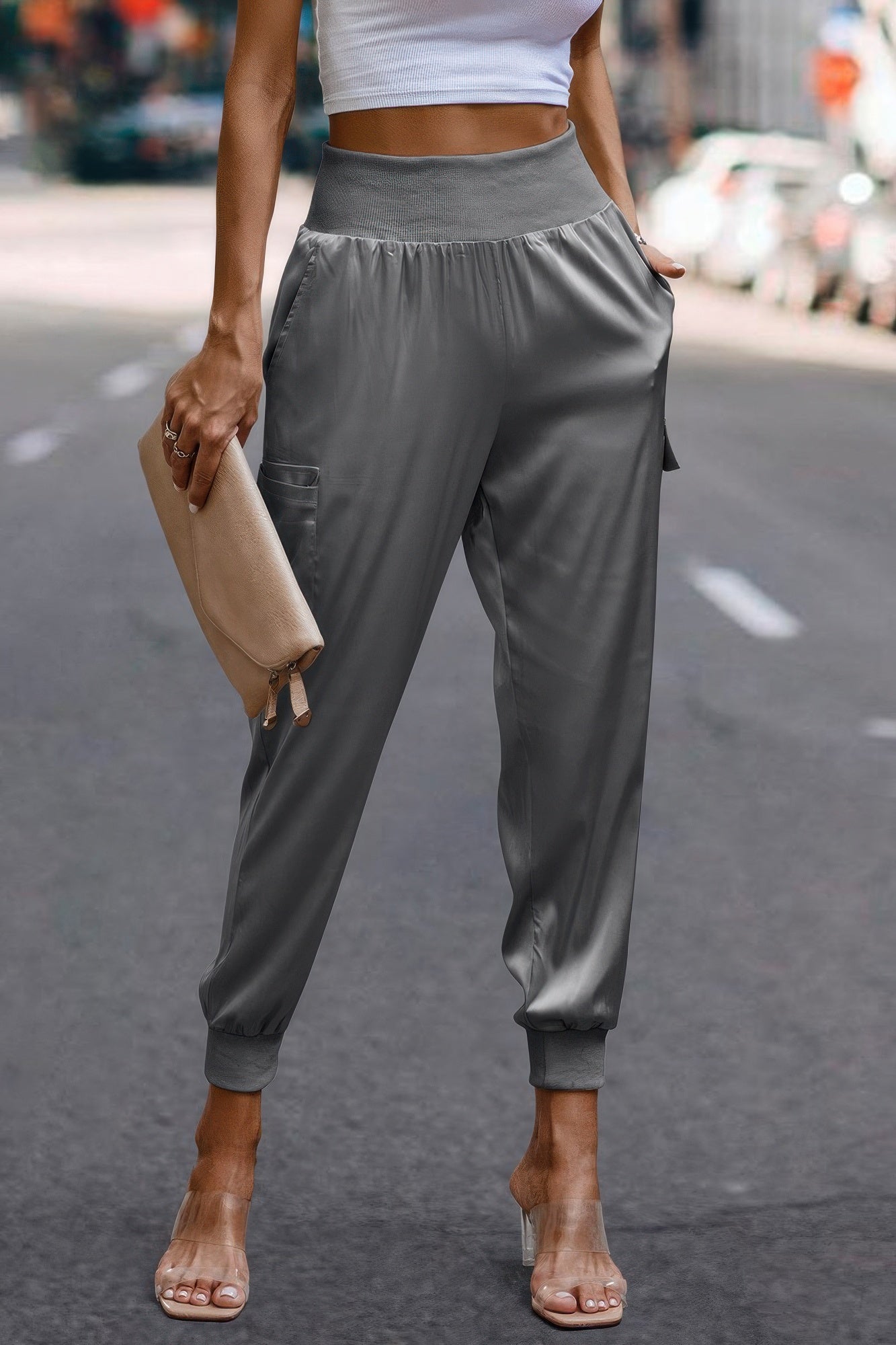 High Waist Trousers Pocket Satin Jogger Pants - Tigbul's Variety Fashion Shop