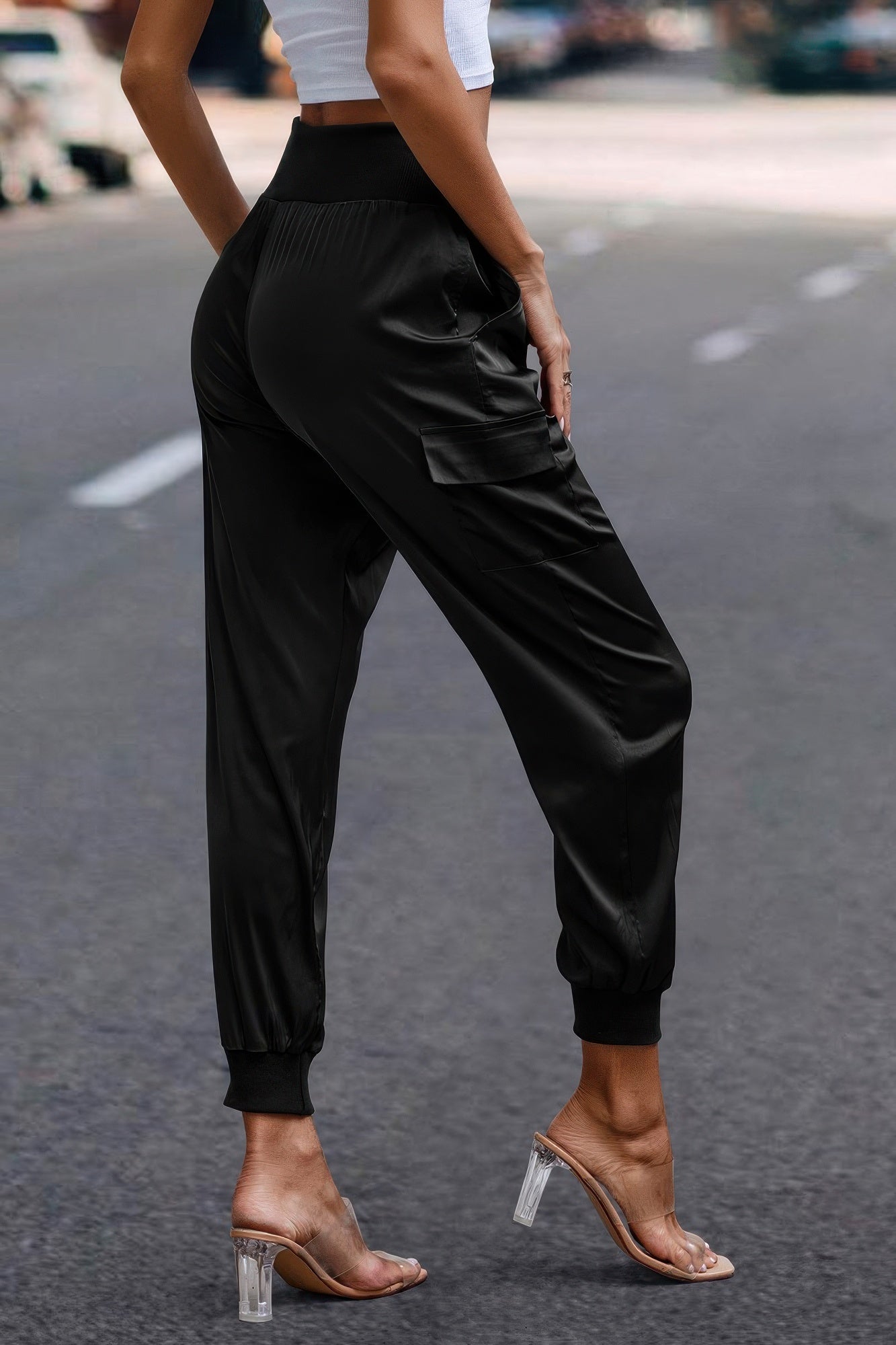High Waist Trousers Pocket Satin Jogger Pants - Tigbul's Variety Fashion Shop