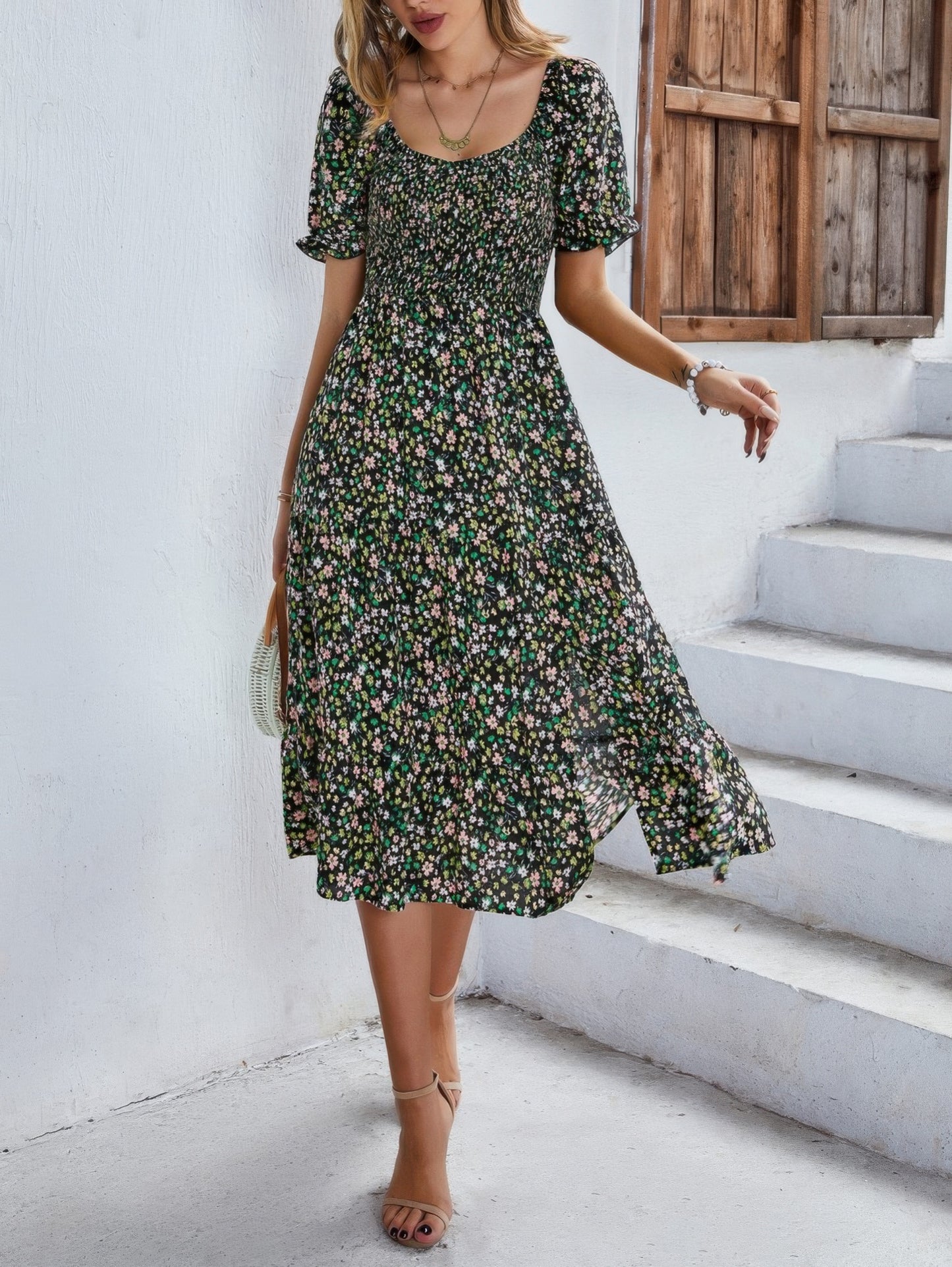 Bohemia Floral Puff Sleeve Flounce Sleeve Dress - Tigbul's Variety Fashion Shop