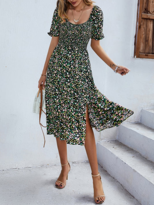 Bohemia Floral Puff Sleeve Flounce Sleeve Dress - Tigbul's Variety Fashion Shop
