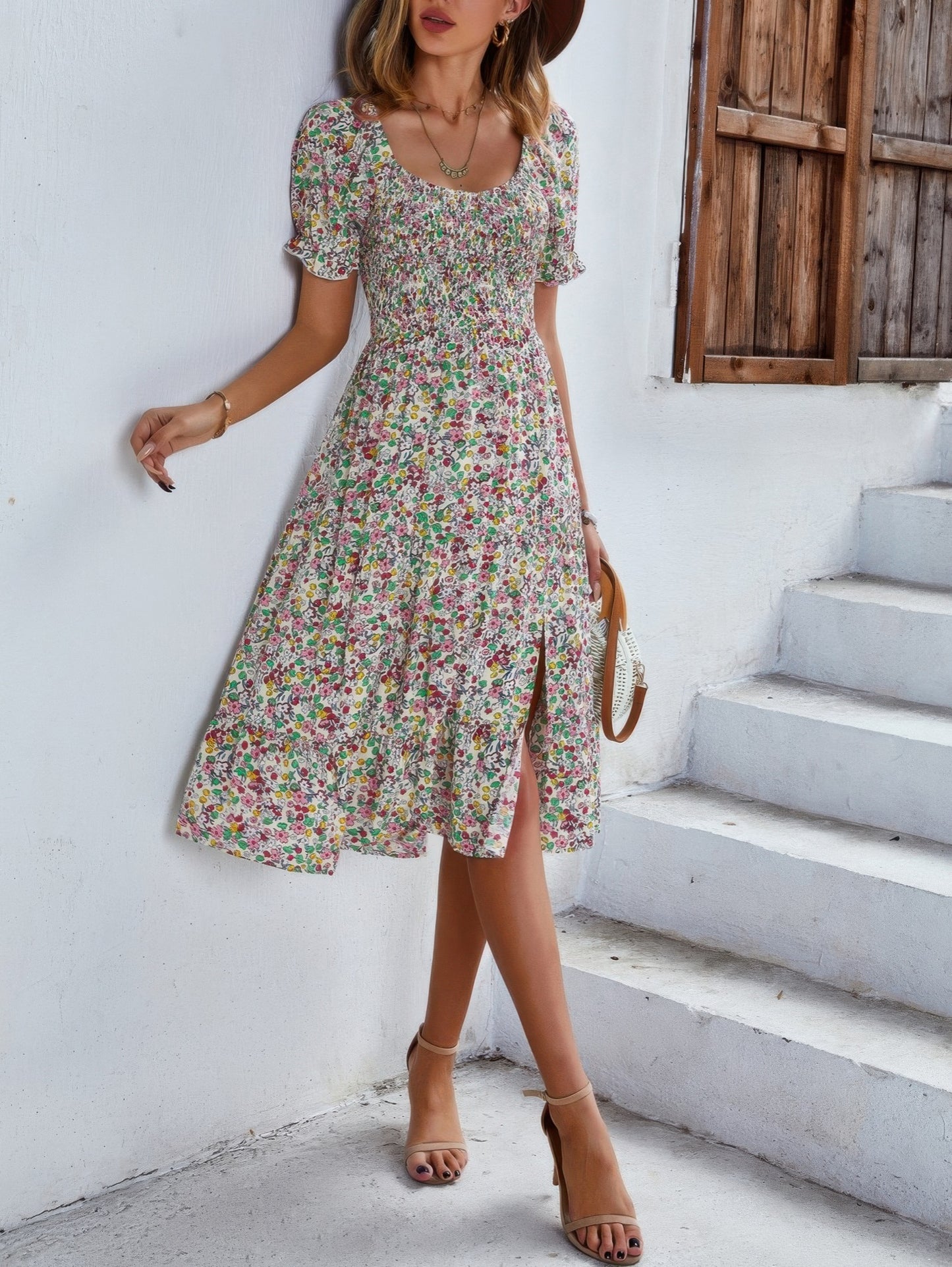 Bohemia Floral Puff Sleeve Flounce Sleeve Dress - Tigbul's Variety Fashion Shop