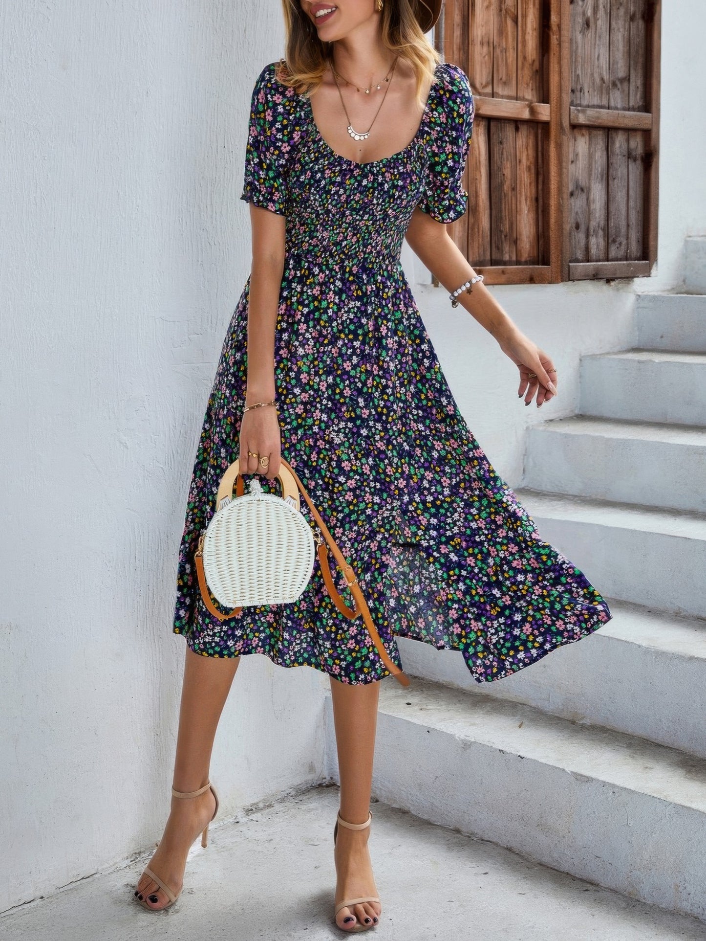 Bohemia Floral Puff Sleeve Flounce Sleeve Dress - Tigbul's Variety Fashion Shop