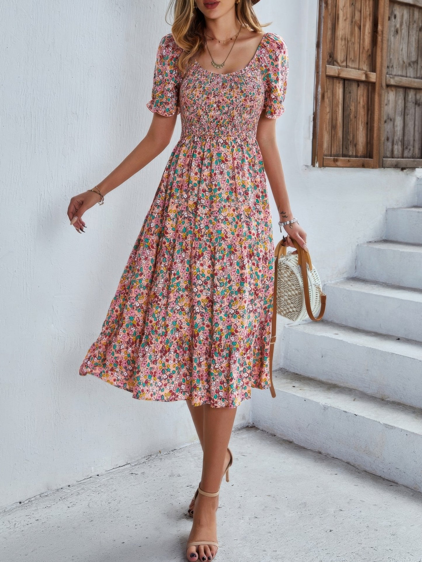 Bohemia Floral Puff Sleeve Flounce Sleeve Dress - Tigbul's Variety Fashion Shop