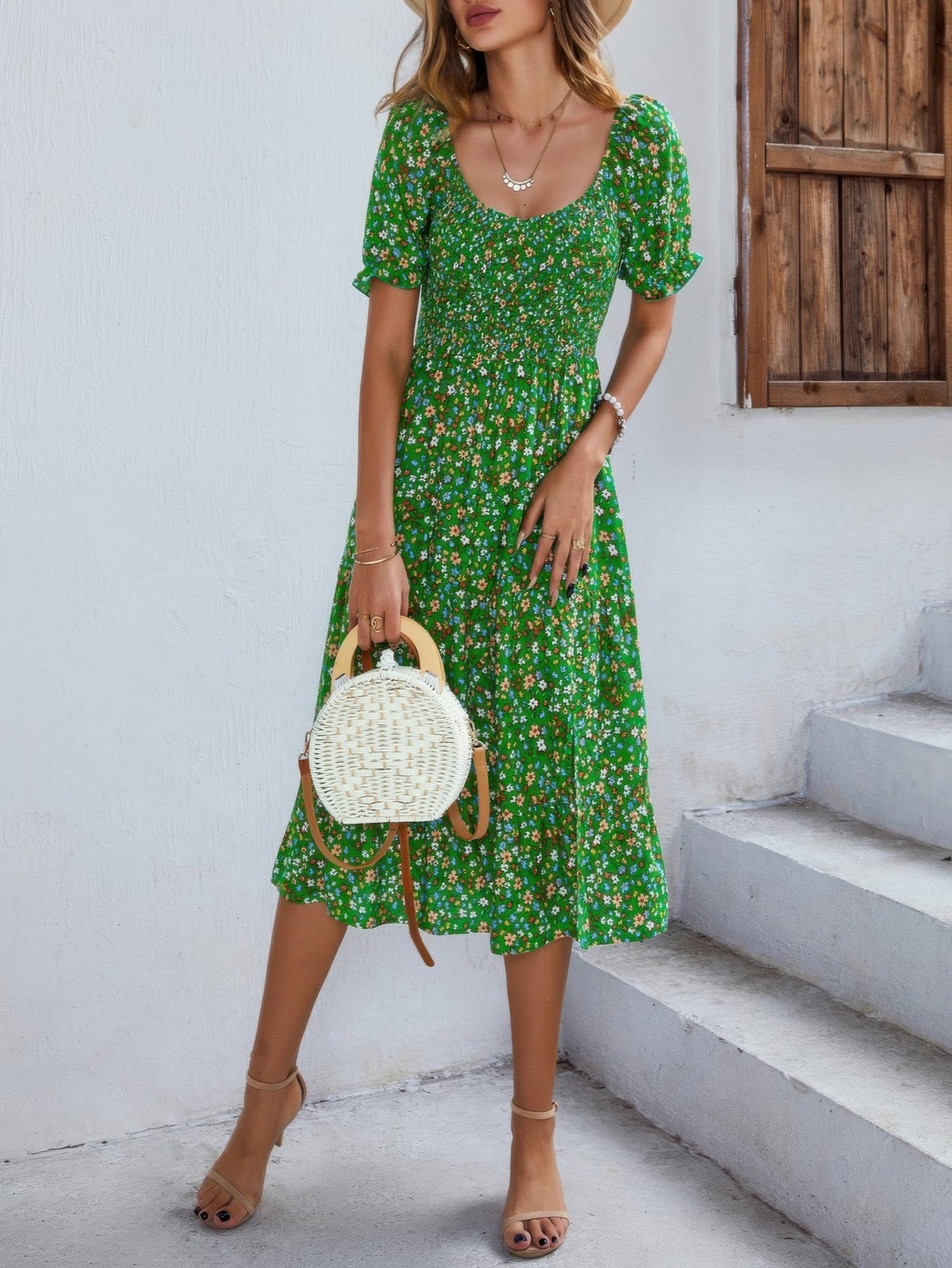 Bohemia Floral Puff Sleeve Flounce Sleeve Dress - Tigbul's Variety Fashion Shop
