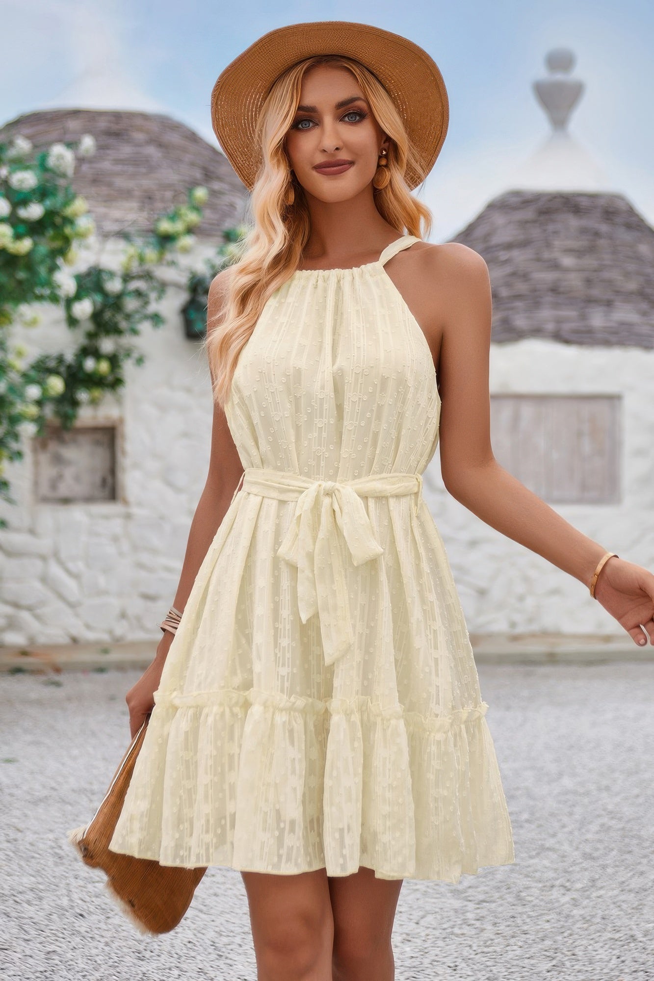 Solid Halter Neck Sleeveless Waist Tie Ruffle Dres - Tigbul's Variety Fashion Shop