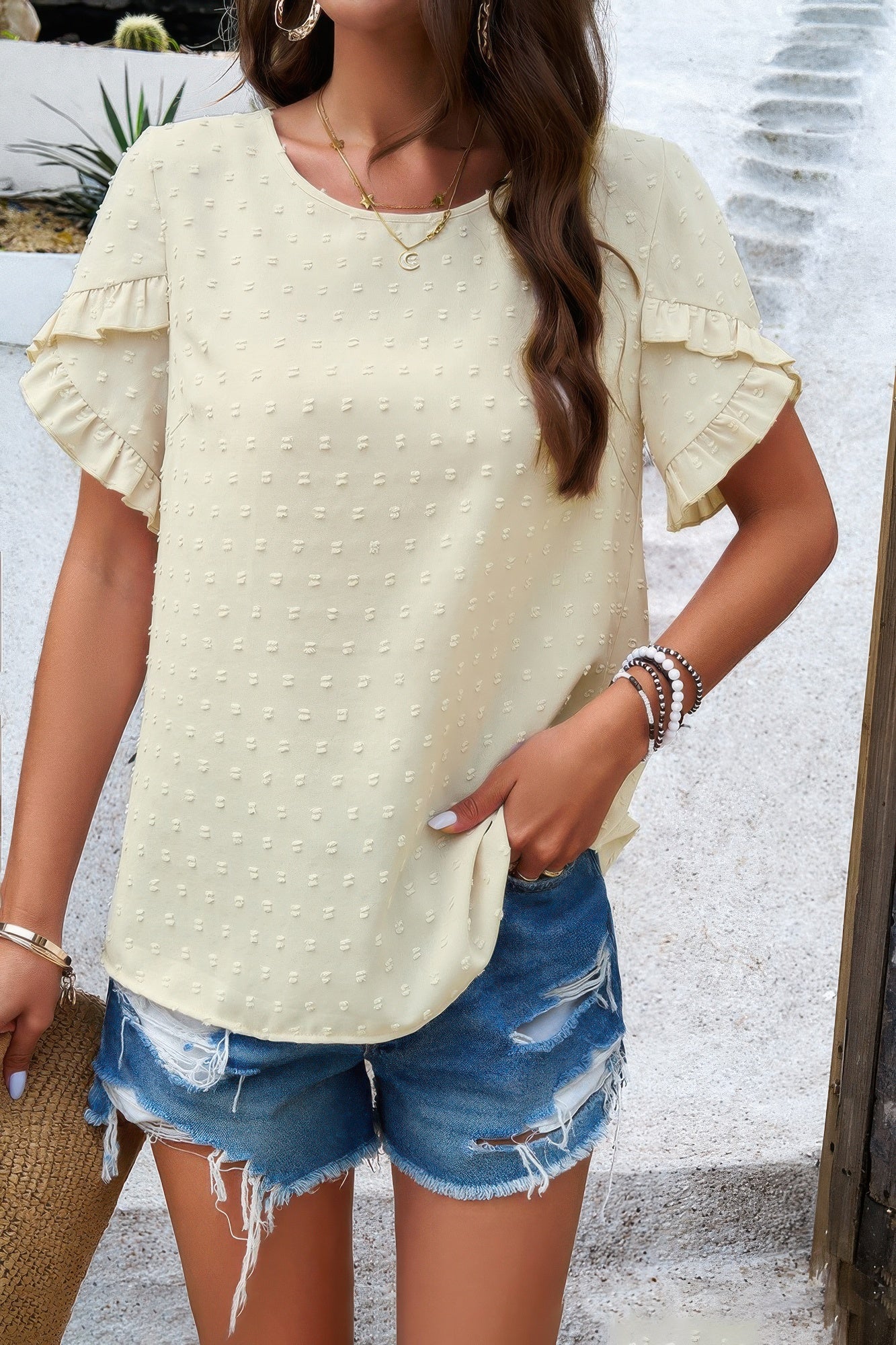 Crewneck Chiffon Polka Dot Ruffle Short Sleeved To - Tigbul's Variety Fashion Shop
