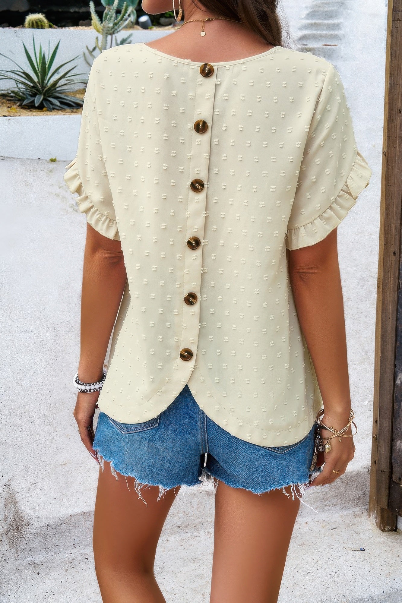 Crewneck Chiffon Polka Dot Ruffle Short Sleeved To - Tigbul's Variety Fashion Shop