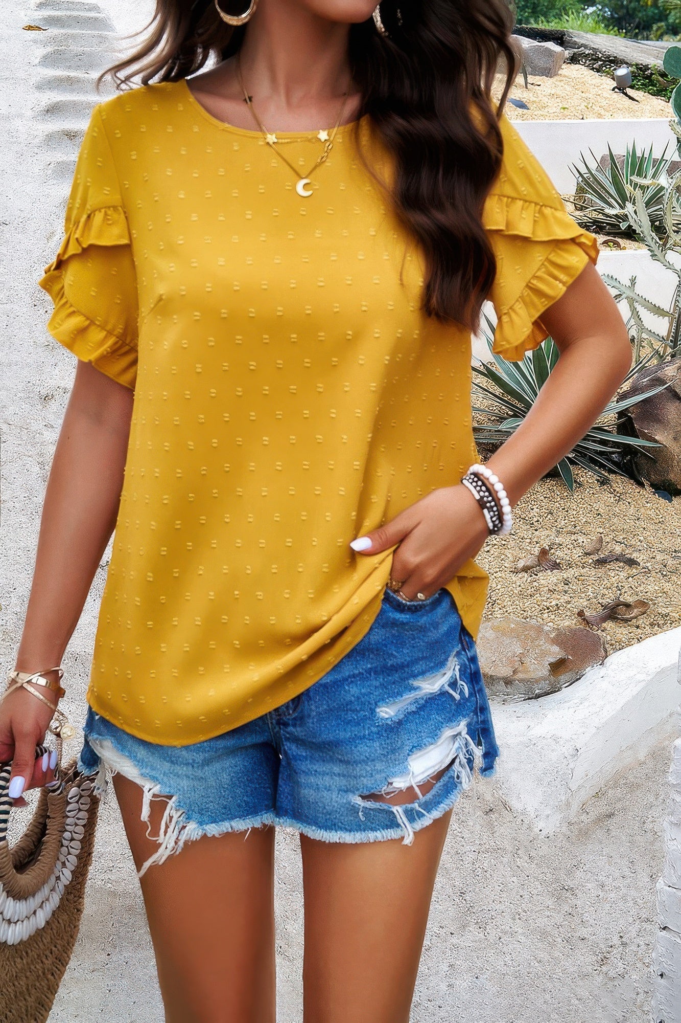 Crewneck Chiffon Polka Dot Ruffle Short Sleeved To - Tigbul's Variety Fashion Shop