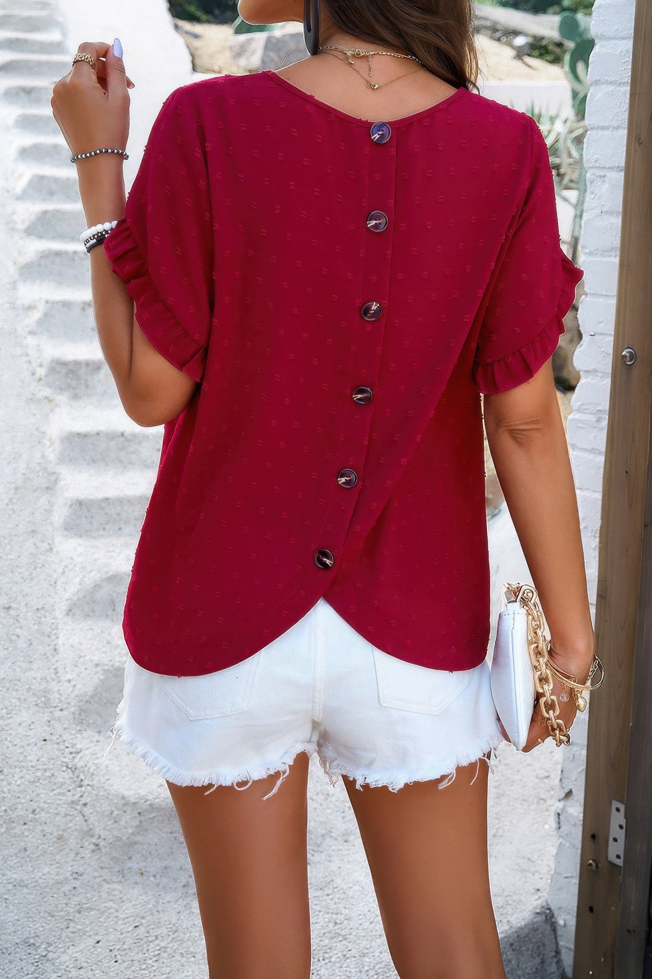 Crewneck Chiffon Polka Dot Ruffle Short Sleeved To - Tigbul's Variety Fashion Shop