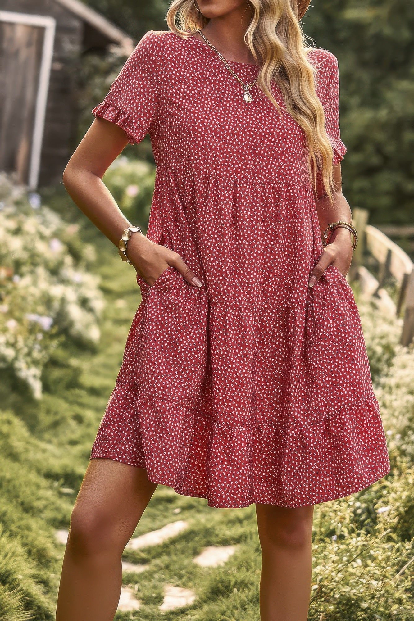 Floral Polka Dots Boat Neck Loose A Line Midi Dres - Tigbul's Variety Fashion Shop