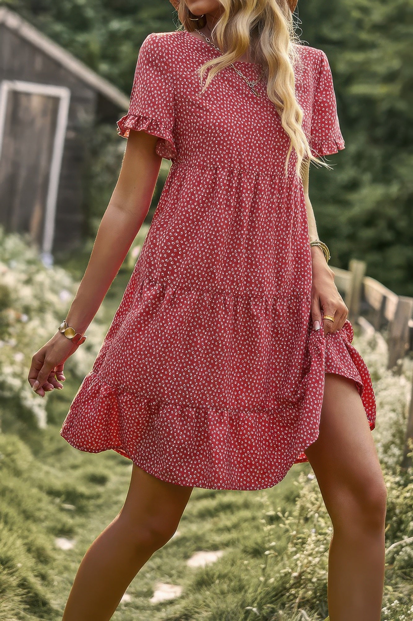 Floral Polka Dots Boat Neck Loose A Line Midi Dres - Tigbul's Variety Fashion Shop