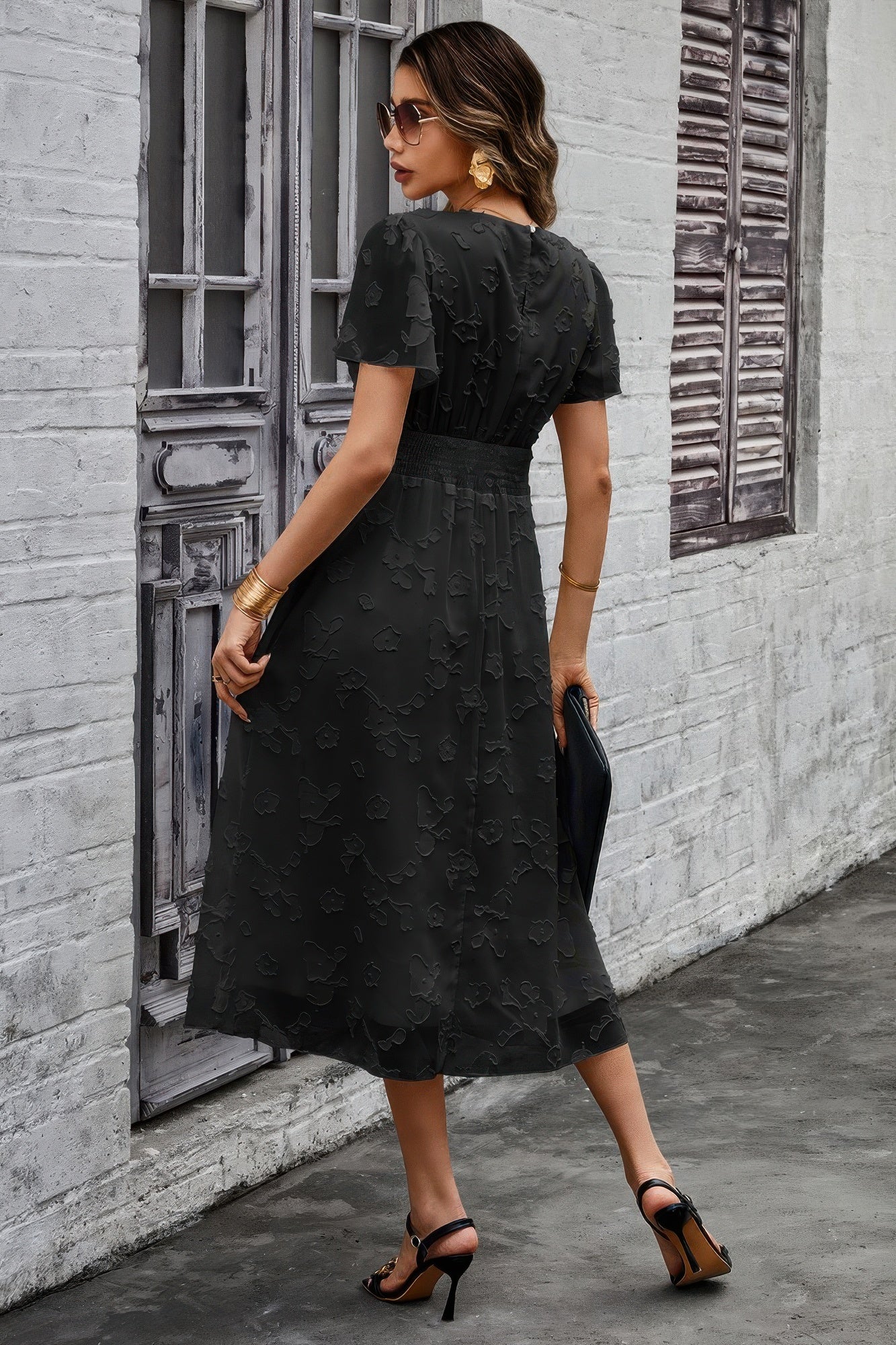 Deep V Ruched Elastic Belt Smocked Midi Dress - Tigbul's Variety Fashion Shop