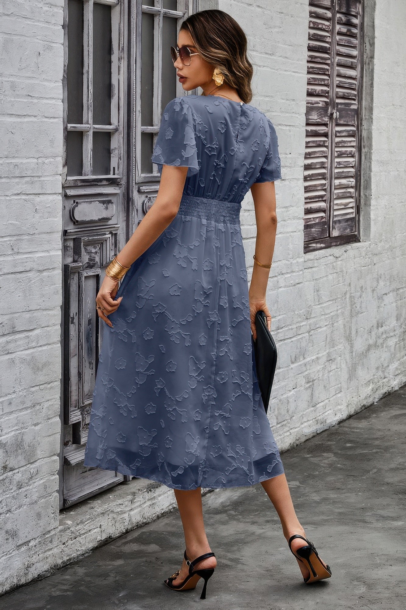 Deep V Ruched Elastic Belt Smocked Midi Dress - Tigbul's Variety Fashion Shop
