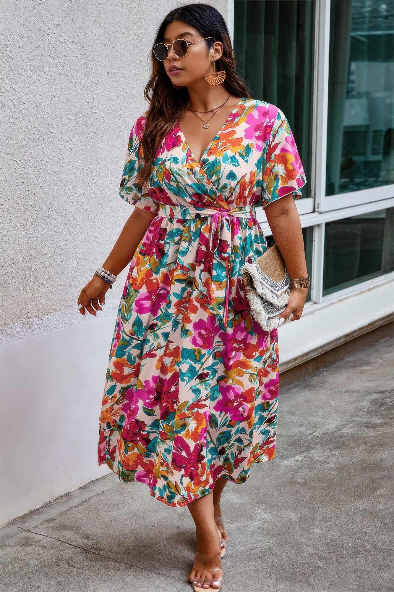 Plus Size Floral Print Cross Belt Fit Dress - Tigbul's Variety Fashion Shop