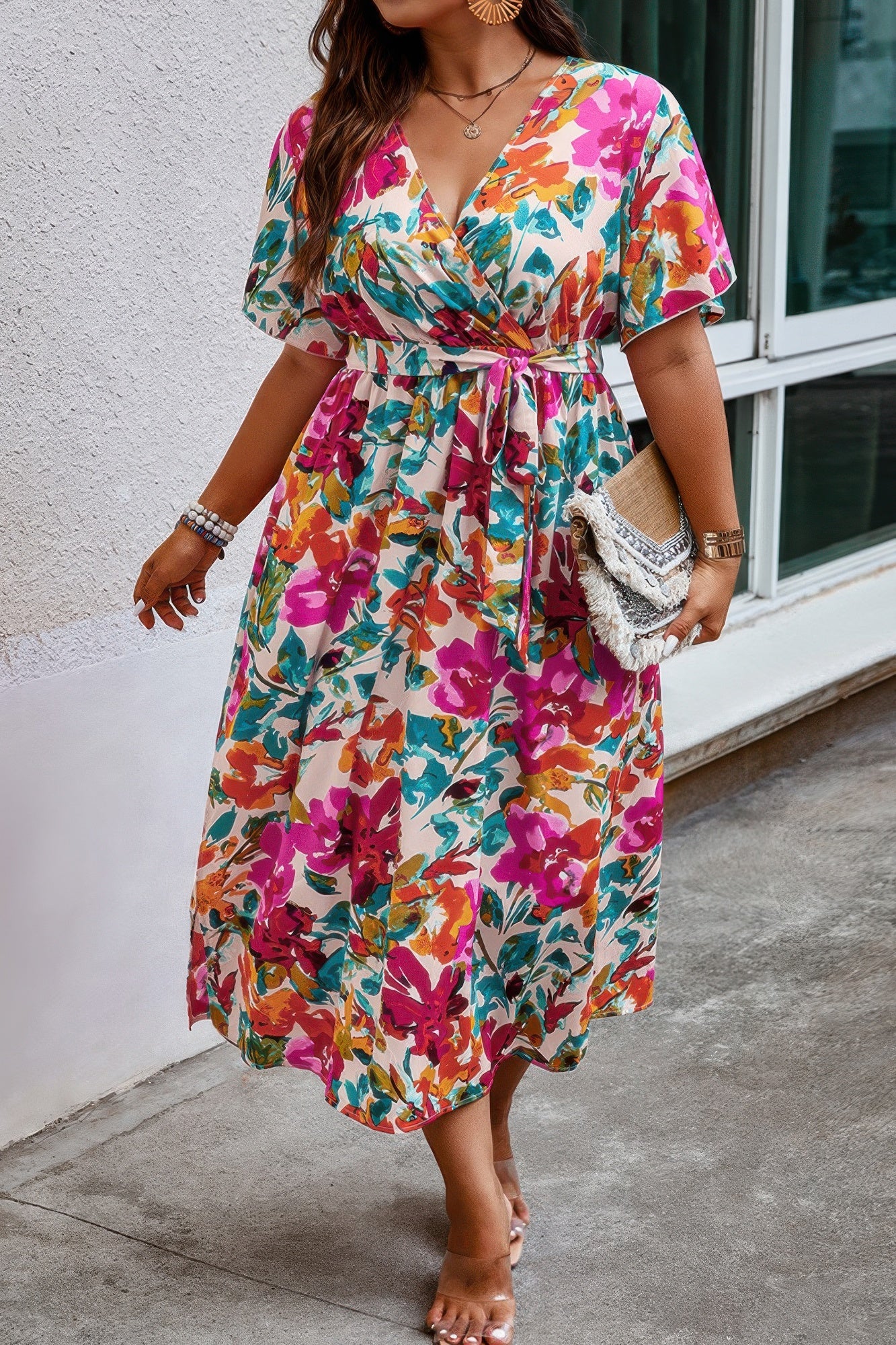 Plus Size Floral Print Cross Belt Fit Dress - Tigbul's Variety Fashion Shop