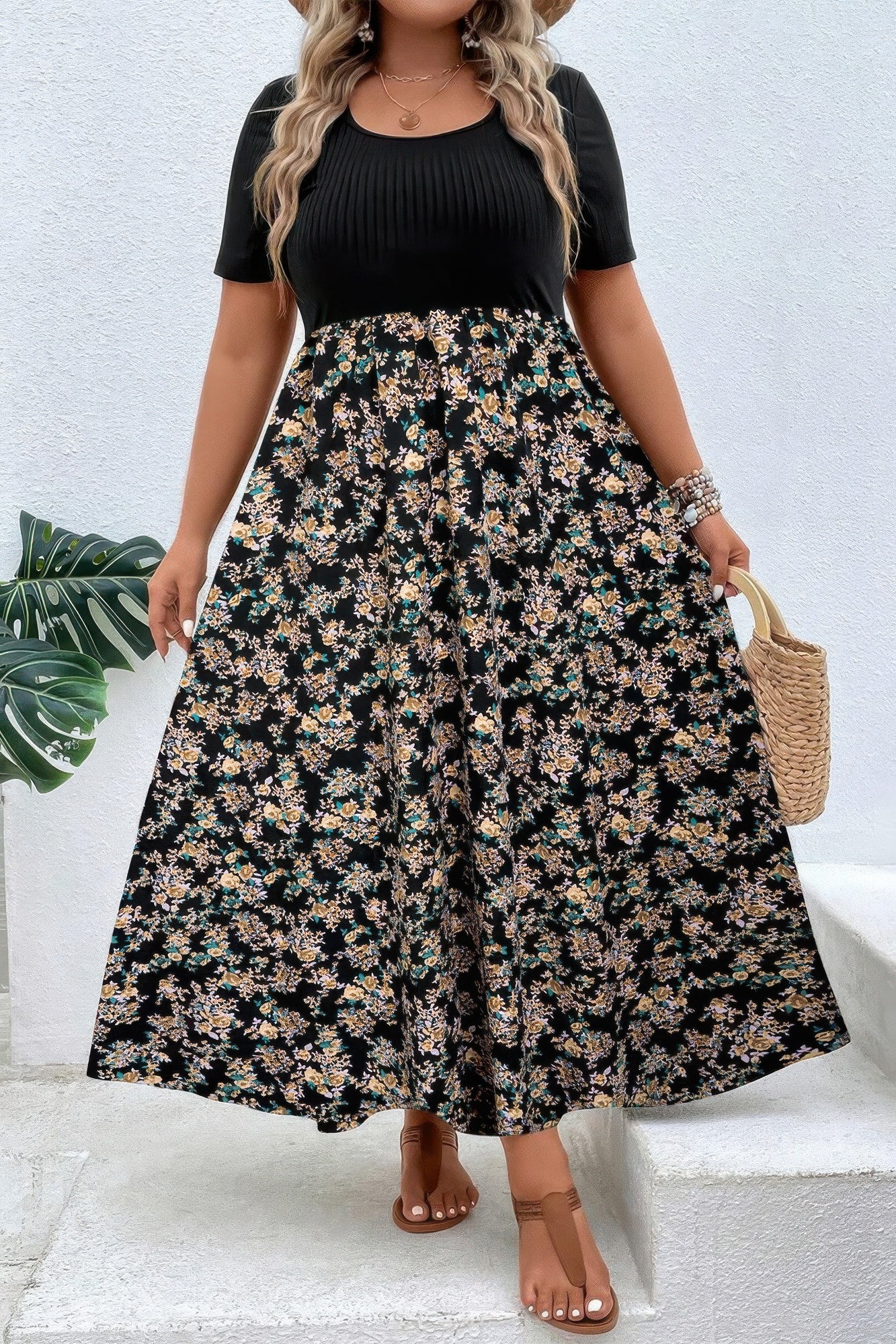 Plus Floral Print Elastic Fit High Waist Dress - Tigbul's Variety Fashion Shop