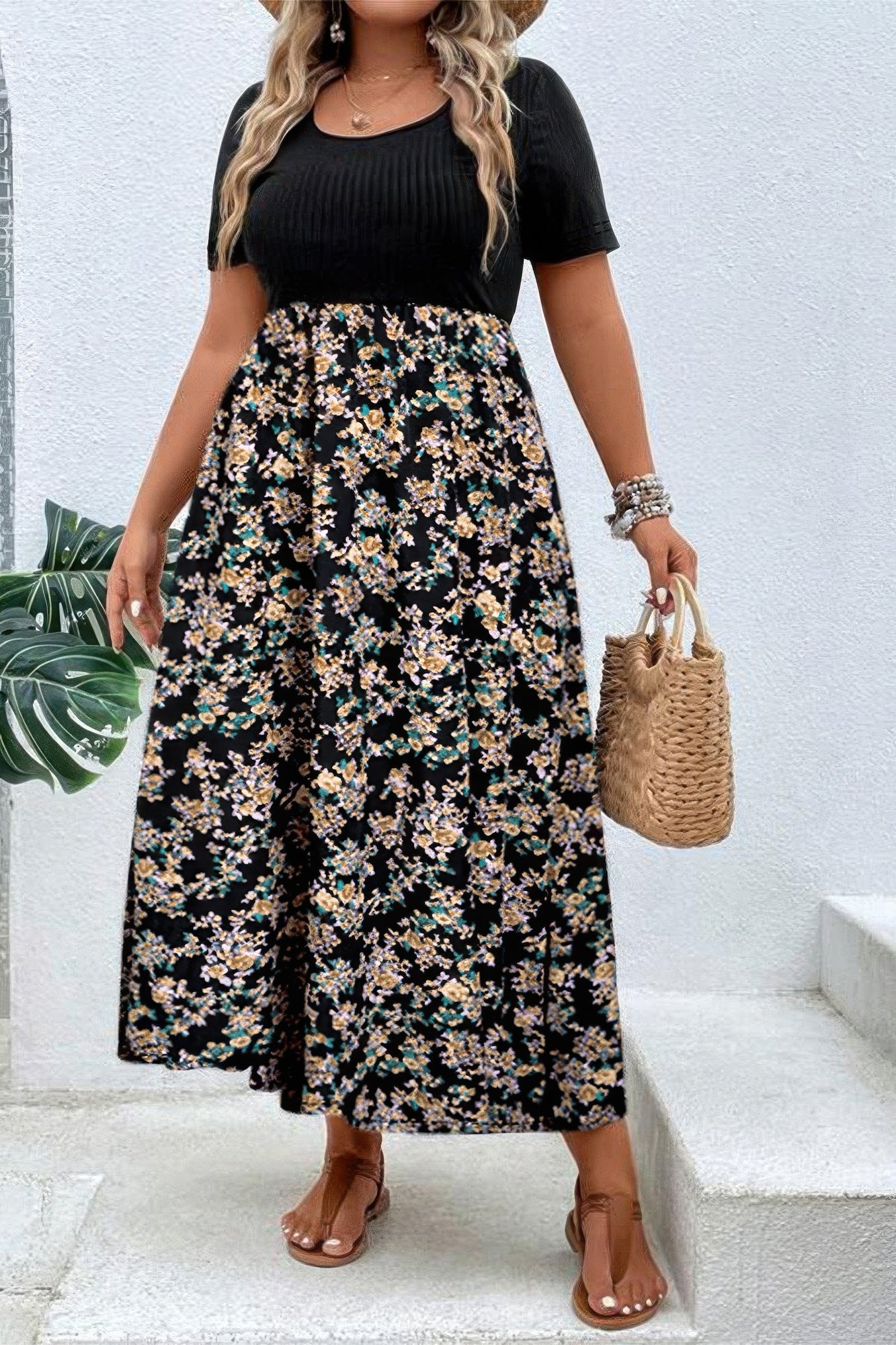 Plus Floral Print Elastic Fit High Waist Dress - Tigbul's Variety Fashion Shop