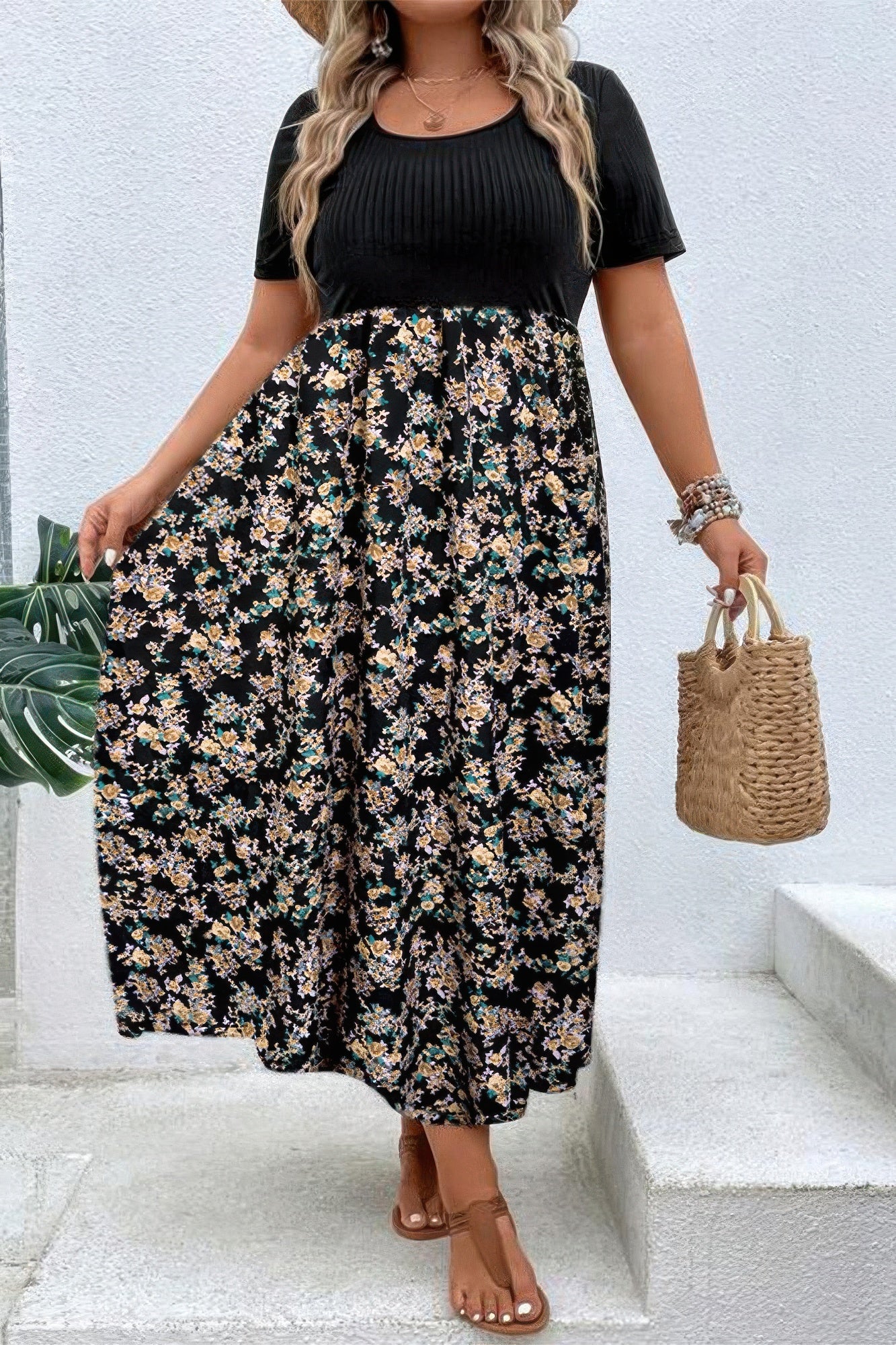 Plus Floral Print Elastic Fit High Waist Dress - Tigbul's Variety Fashion Shop
