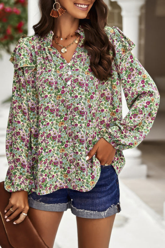 Floral V Neck Button Ruffle Long Sleeve Top - Tigbul's Variety Fashion Shop