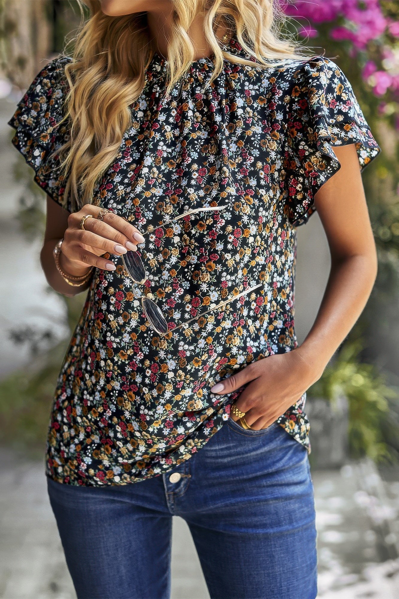 Floral Mock Neck Ruffle Short Sleeve Shirt - Tigbul's Variety Fashion Shop