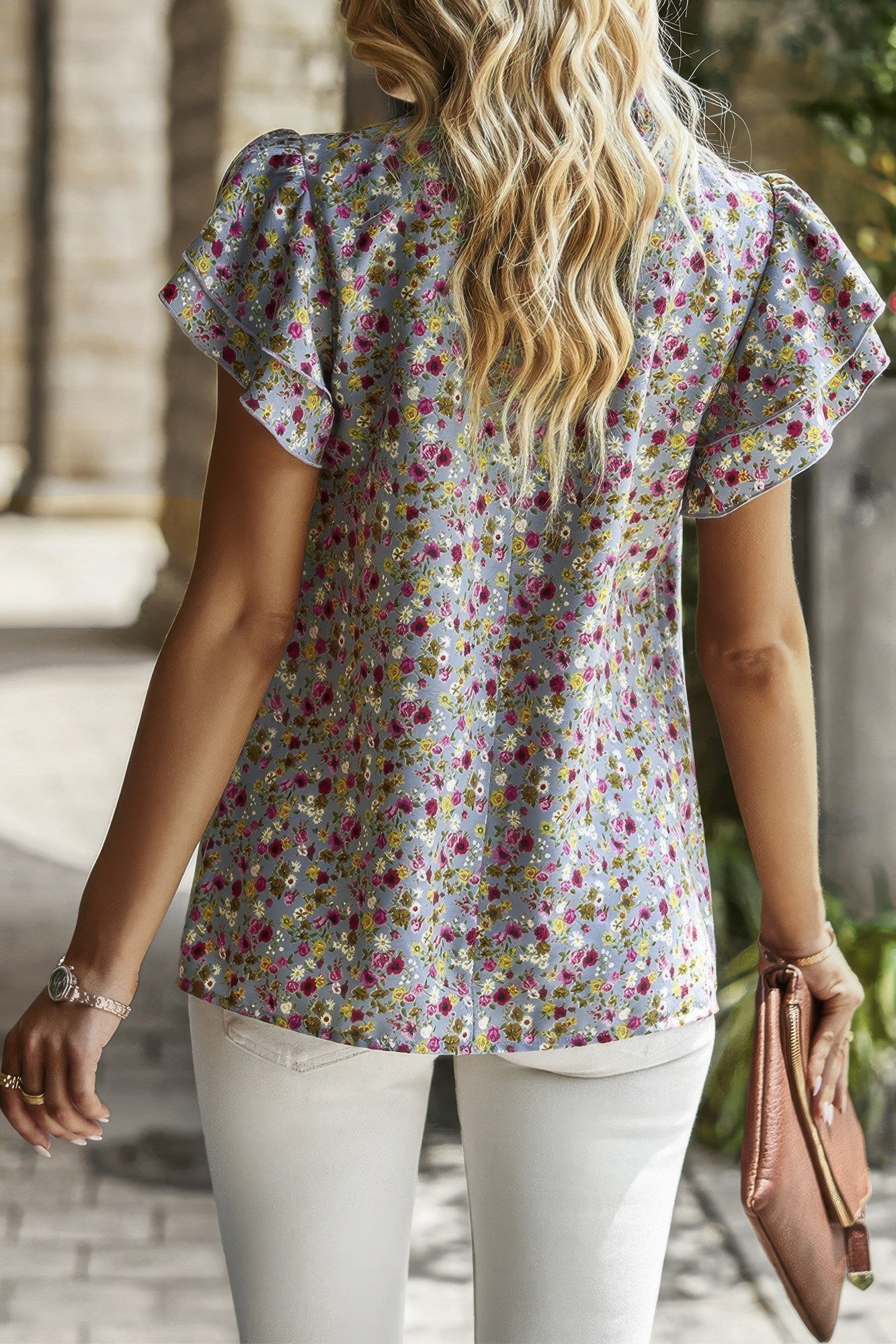Floral Mock Neck Ruffle Short Sleeve Shirt - Tigbul's Variety Fashion Shop