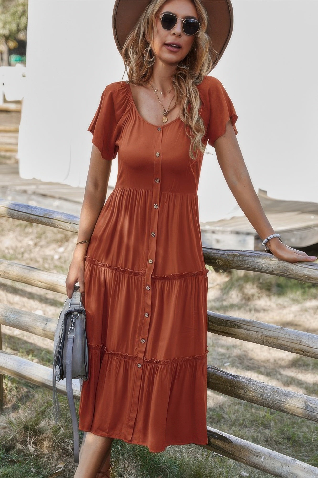 Button V Neck Tiered Short Sleeve Midi Dress - Tigbul's Variety Fashion Shop