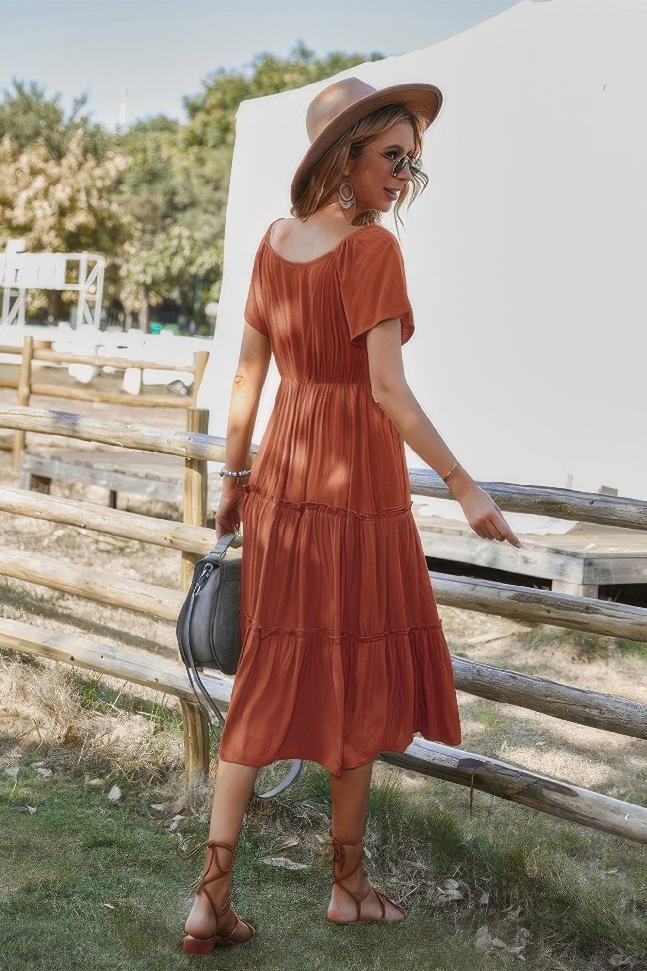 Button V Neck Tiered Short Sleeve Midi Dress - Tigbul's Variety Fashion Shop
