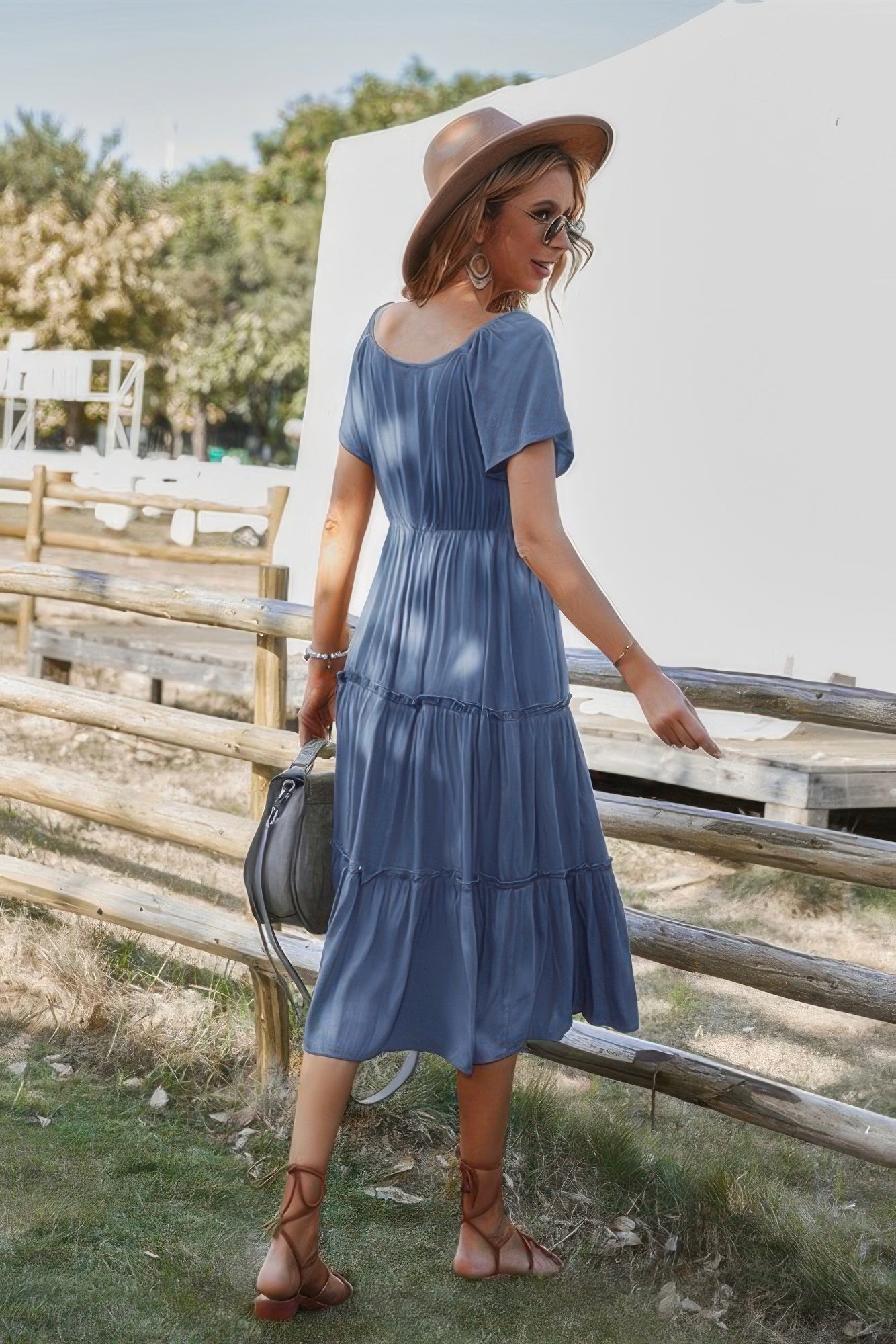 Button V Neck Tiered Short Sleeve Midi Dress - Tigbul's Variety Fashion Shop