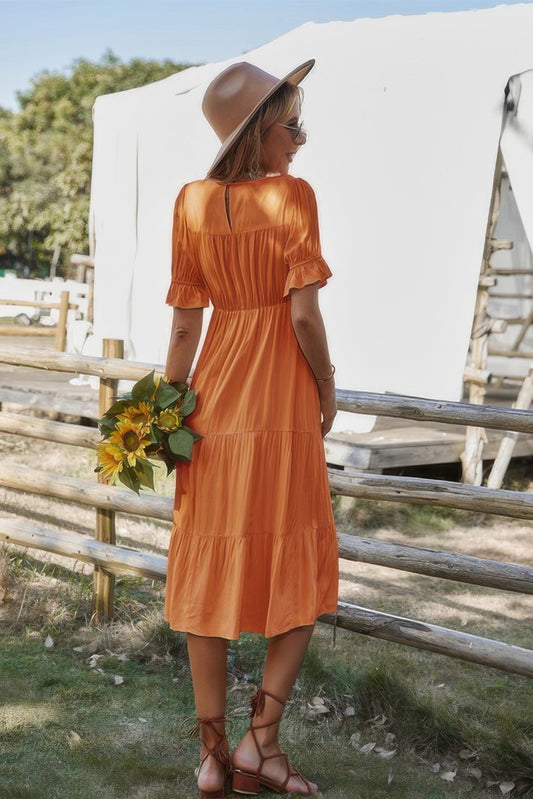 Flowy Pleated Short Sleeve Solid Midi Dress - Tigbul's Variety Fashion Shop