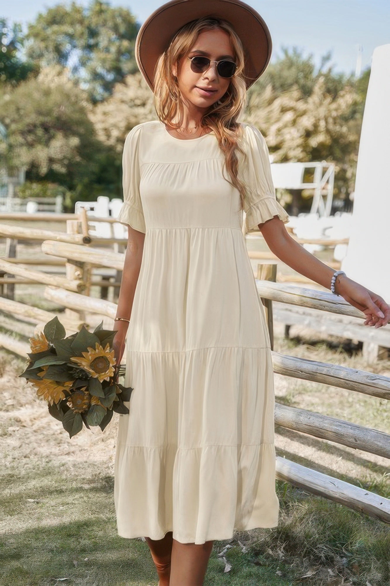 Flowy Pleated Short Sleeve Solid Midi Dress - Tigbul's Variety Fashion Shop