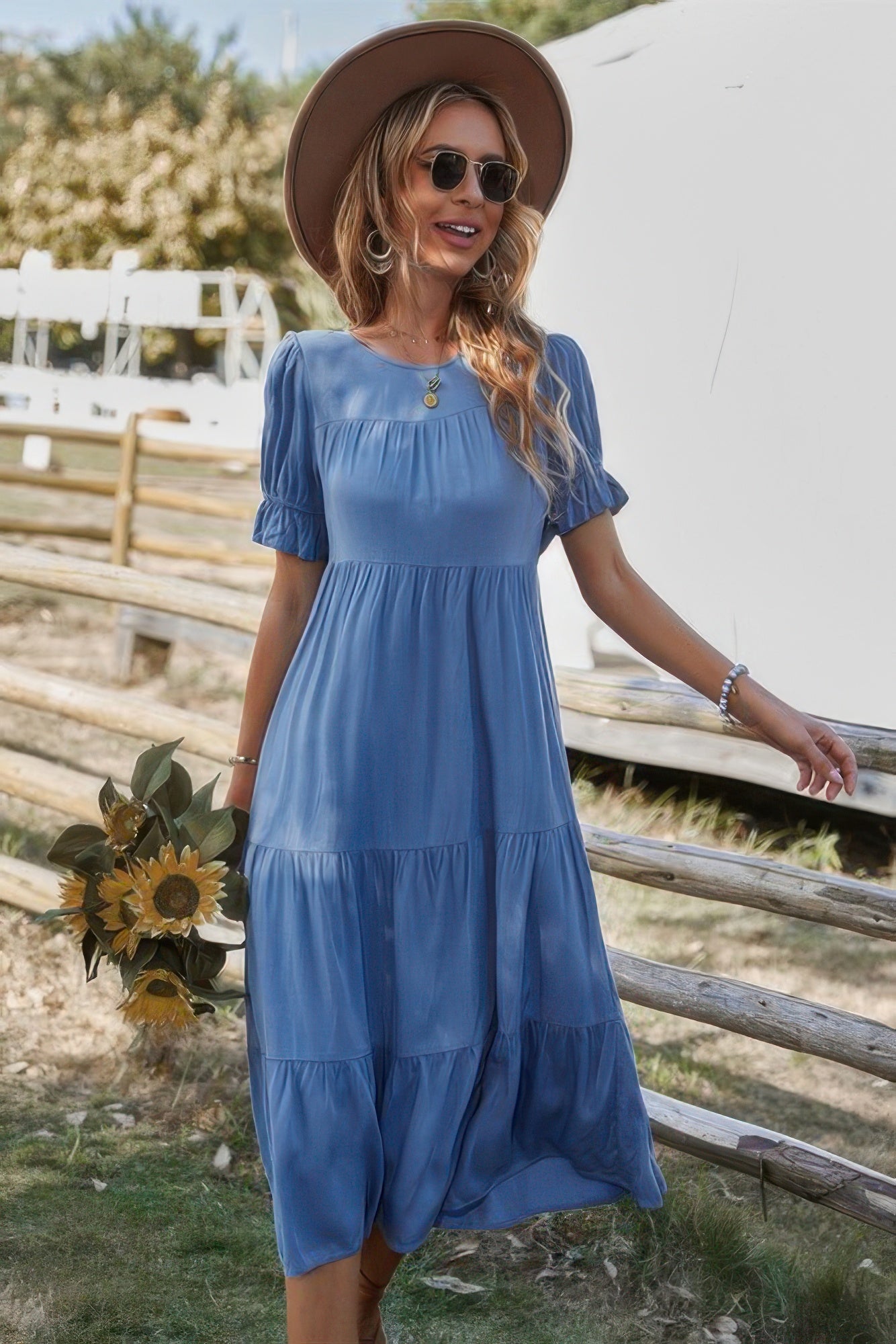 Flowy Pleated Short Sleeve Solid Midi Dress - Tigbul's Variety Fashion Shop