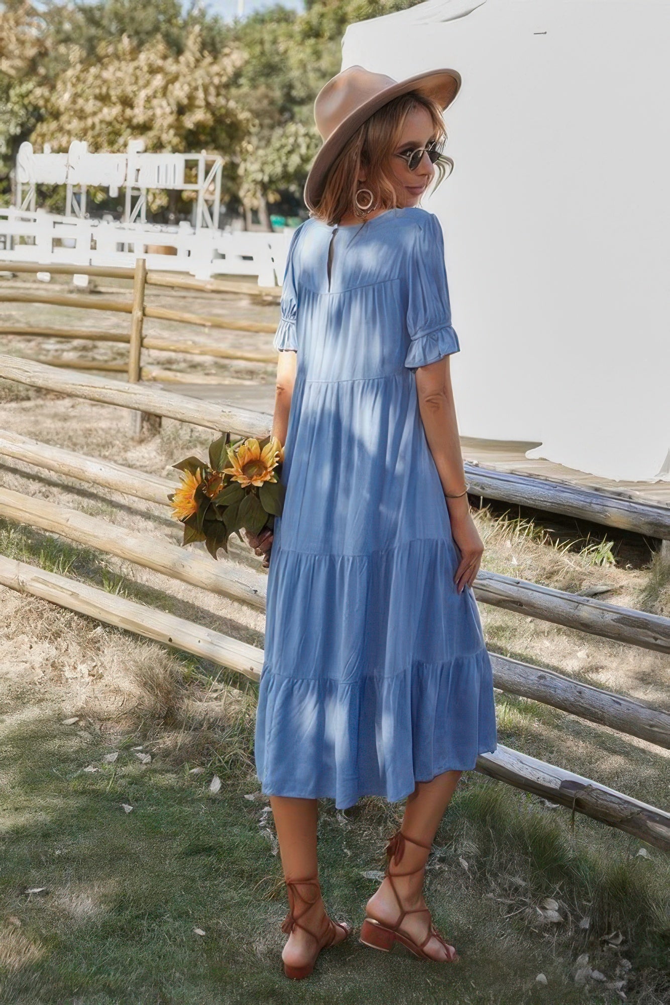 Flowy Pleated Short Sleeve Solid Midi Dress - Tigbul's Variety Fashion Shop