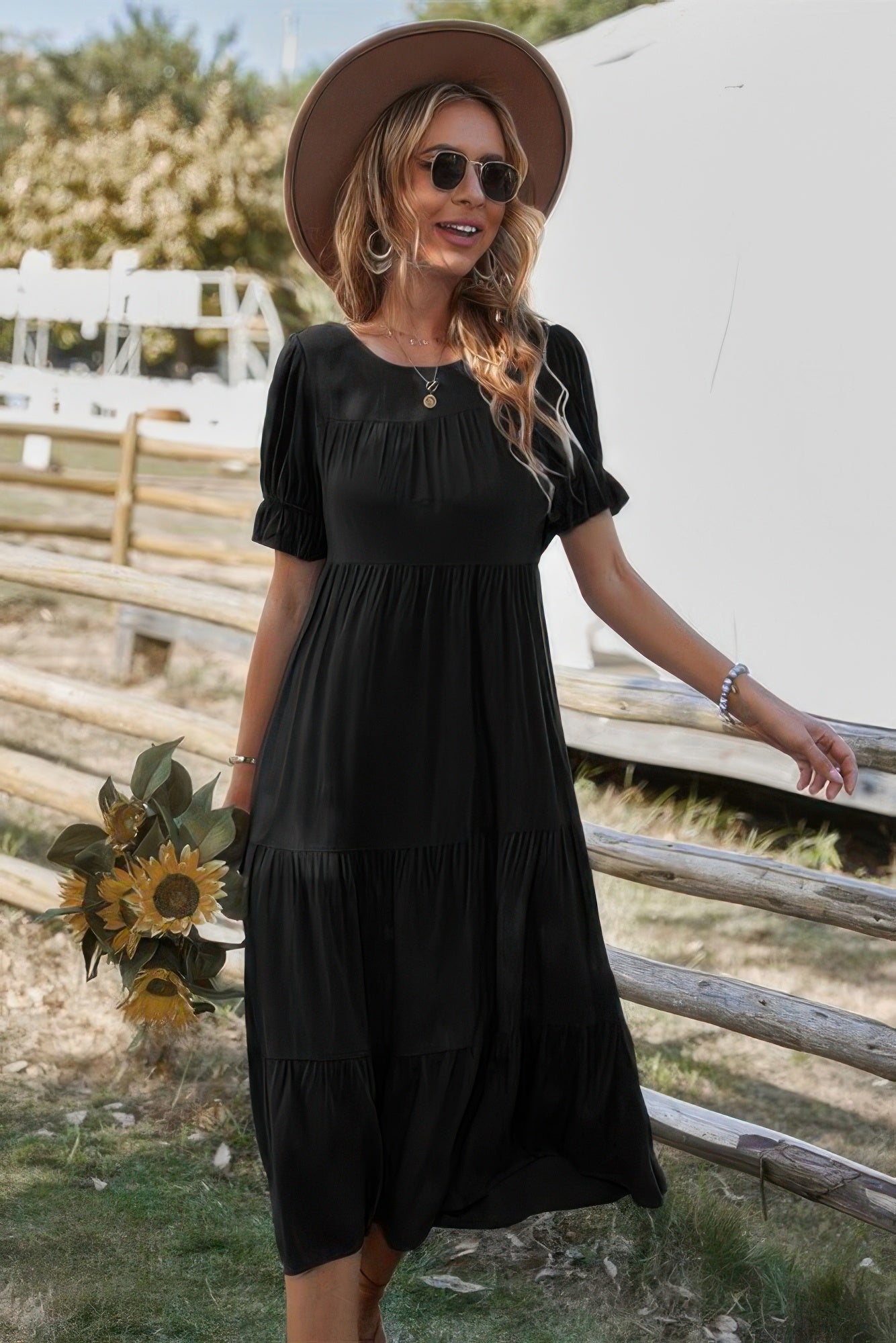 Flowy Pleated Short Sleeve Solid Midi Dress - Tigbul's Variety Fashion Shop