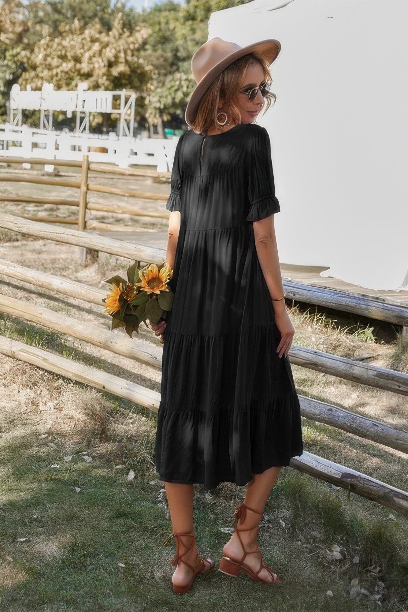 Flowy Pleated Short Sleeve Solid Midi Dress - Tigbul's Variety Fashion Shop
